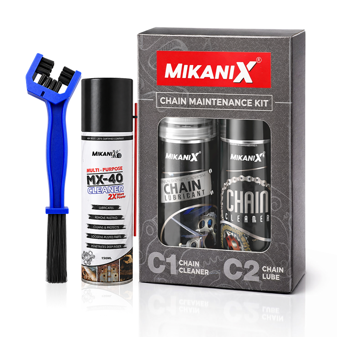 Mikanix Combo Of Rust Remover Spray + Chain Cleaner + Chain Lubricant With Cleaning Brush | Cleans, Shines & Protects Chain | Remove Rust From Chain | Metal Parts (Pack of 4)