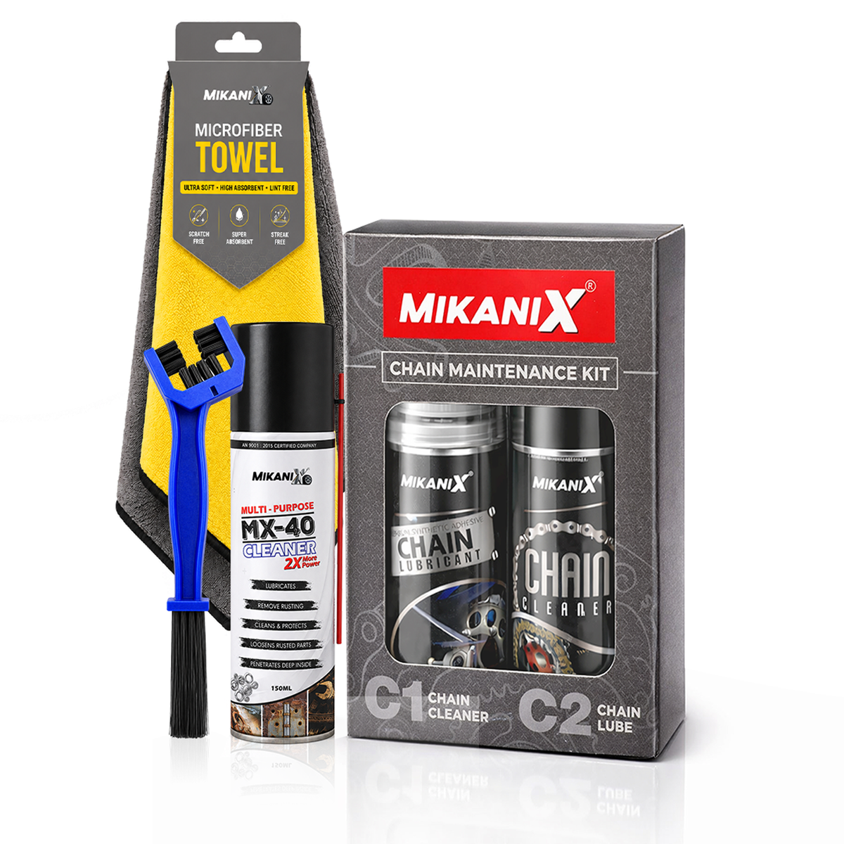 MIKANIX Bike Chain Cleaner & Lubricant Kit Combo | Motorcycle Chain Cleaner Spray, Chain Lube, MX-40 Rust Remover, Chain Cleaning Brush & Microfiber Cloth | For All Bikes & Scooters