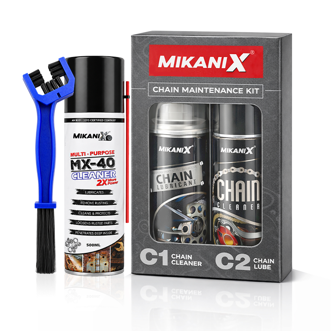 Mikanix Combo Of Rust Remover Spray + Chain Cleaner + Chain Lubricant With Cleaning Brush | Cleans, Shines & Protects Chain | Remove Rust From Chain | Metal Parts (Pack of 4)