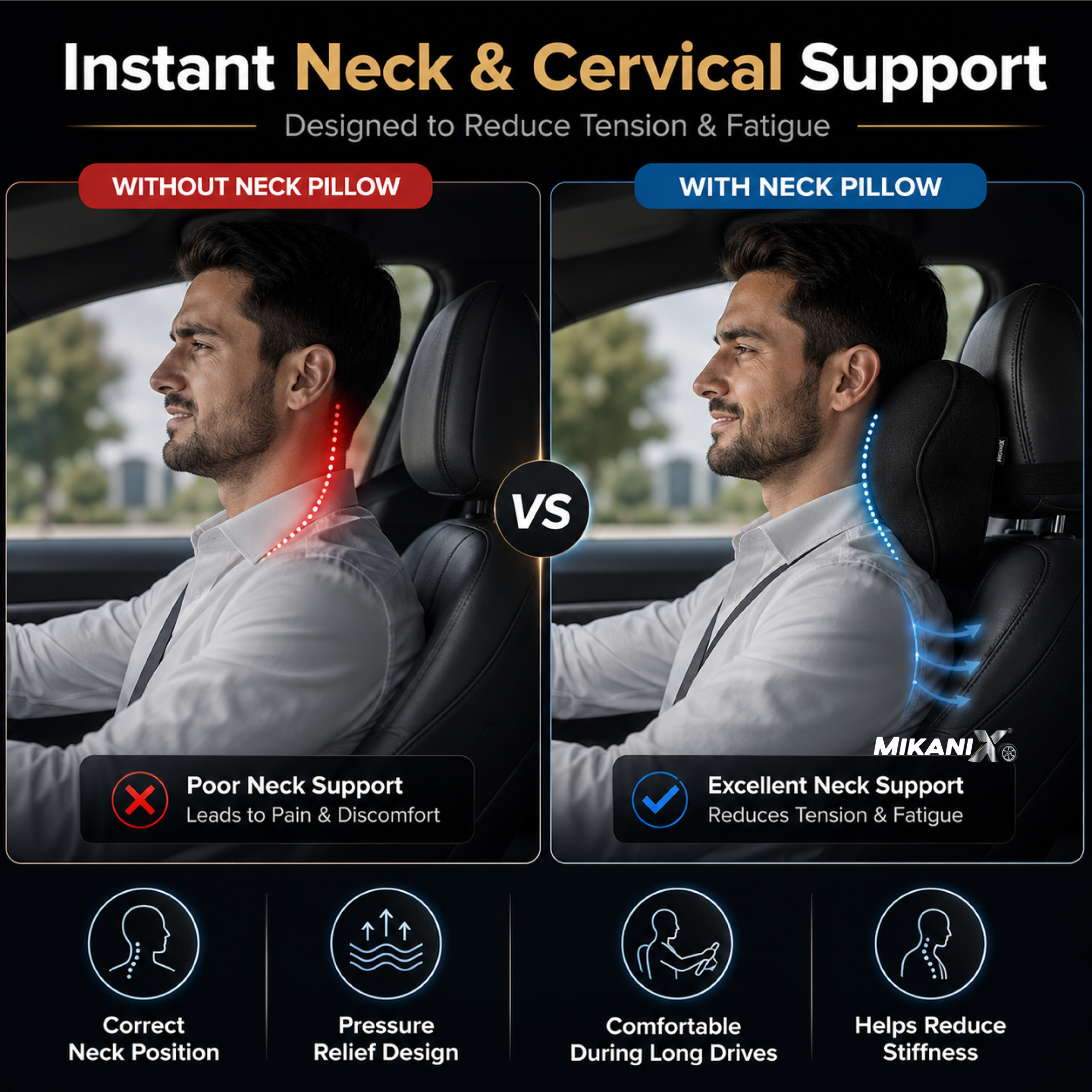 Mikanix Car Neck Rest Pillow | Seat Cushion | 2 Years Warranty | Ultra Soft Memory Foam for Neck and Cervical Support to Relief Neck Pain & Reduced Tension (Velvet Beige (Pack of 1))