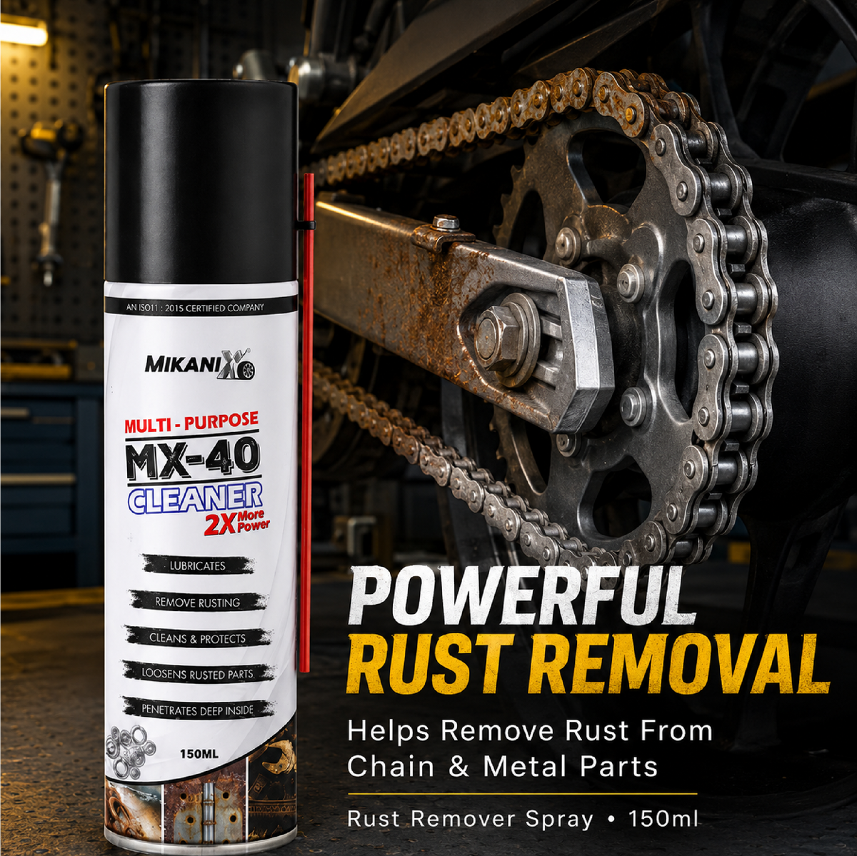 Mikanix Combo Of Rust Remover Spray + Chain Cleaner + Chain Lubricant With Cleaning Brush | Cleans, Shines & Protects Chain | Remove Rust From Chain | Metal Parts (Pack of 4)