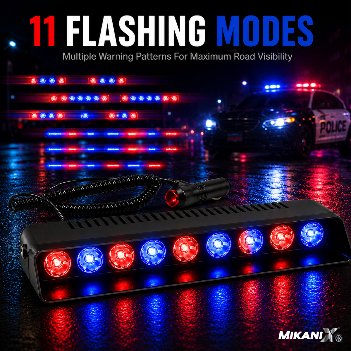 MIKANIX 9 LED Red & Blue Police PCR Strobe Flasher Light With 11 Flashing Mode | Warning & Emergency Lamp Light for All Cars