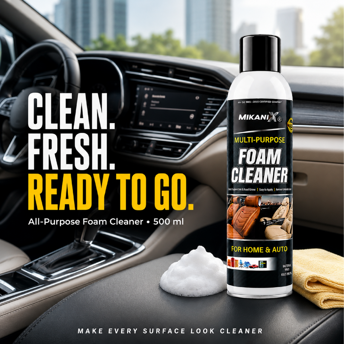 Mikanix Multipurpose Foam Cleaner Spray Combo for Car & Home | Interior & Exterior Cleaning | Includes 1 Microfiber Cloth | Car Seats, Dashboard, Sofa, Vinyl, Rubber & More