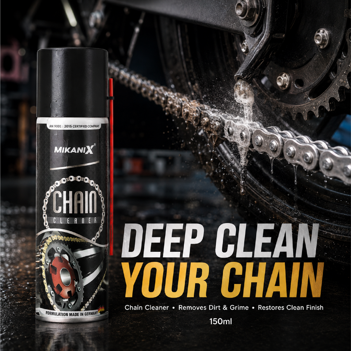 Mikanix Combo Of Rust Remover Spray + Chain Cleaner + Chain Lubricant With Cleaning Brush | Cleans, Shines & Protects Chain | Remove Rust From Chain | Metal Parts (Pack of 4)