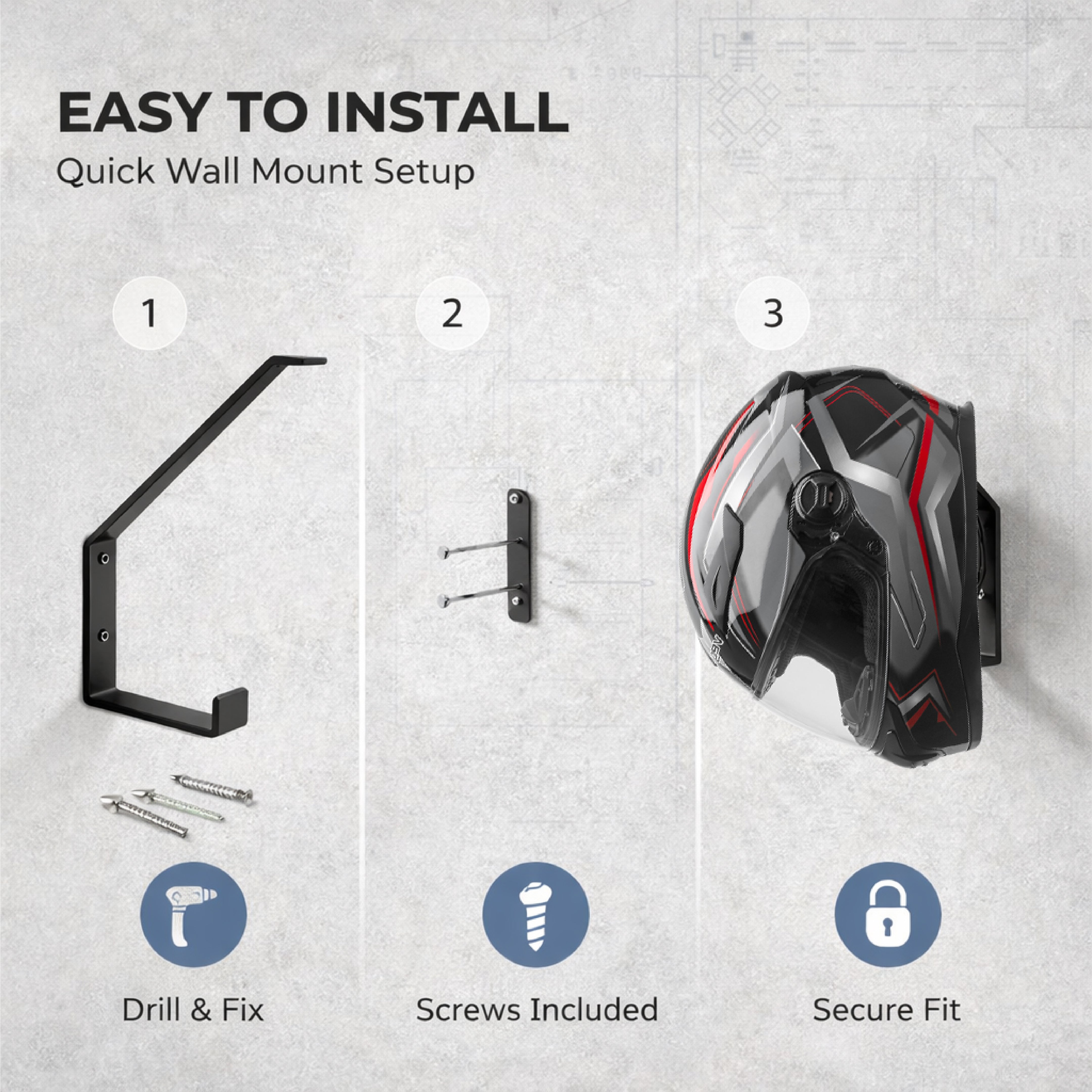 MIKANIX Metal Helmet Holder Wall Mount | Heavy Duty Rustproof Helmet Hook Stand | Black Finish Hanger for Bike & Motorcycle Helmets | Home, Office & Garage Storage