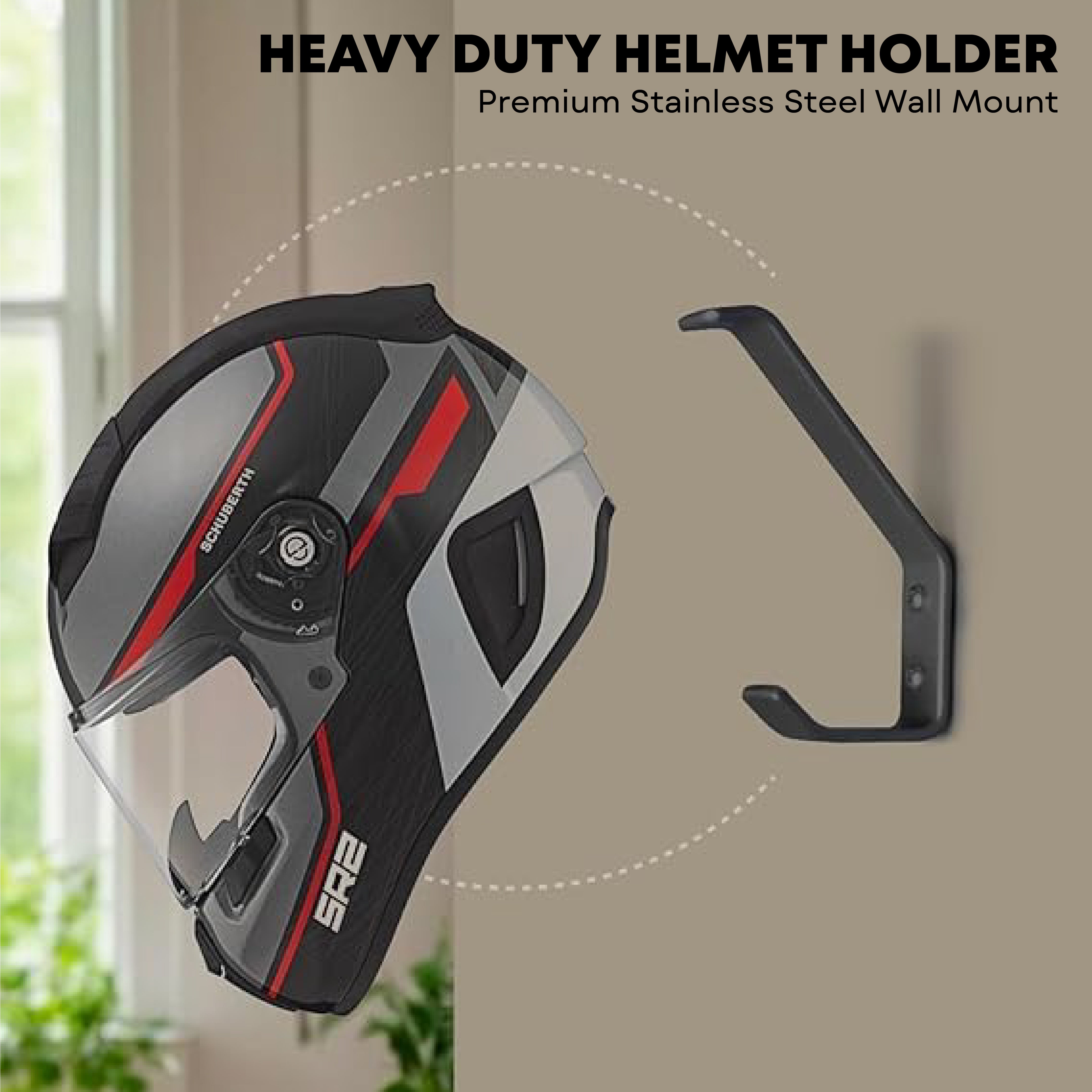MIKANIX Metal Helmet Holder Wall Mount | Heavy Duty Rustproof Helmet Hook Stand | Black Finish Hanger for Bike & Motorcycle Helmets | Home, Office & Garage Storage