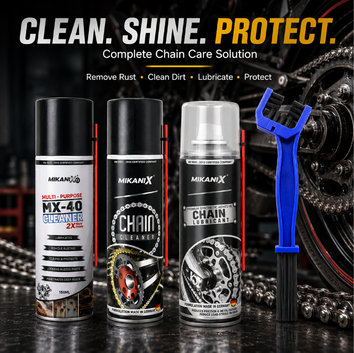 Mikanix Combo Of Rust Remover Spray + Chain Cleaner + Chain Lubricant With Cleaning Brush | Cleans, Shines & Protects Chain | Remove Rust From Chain | Metal Parts (Pack of 4)