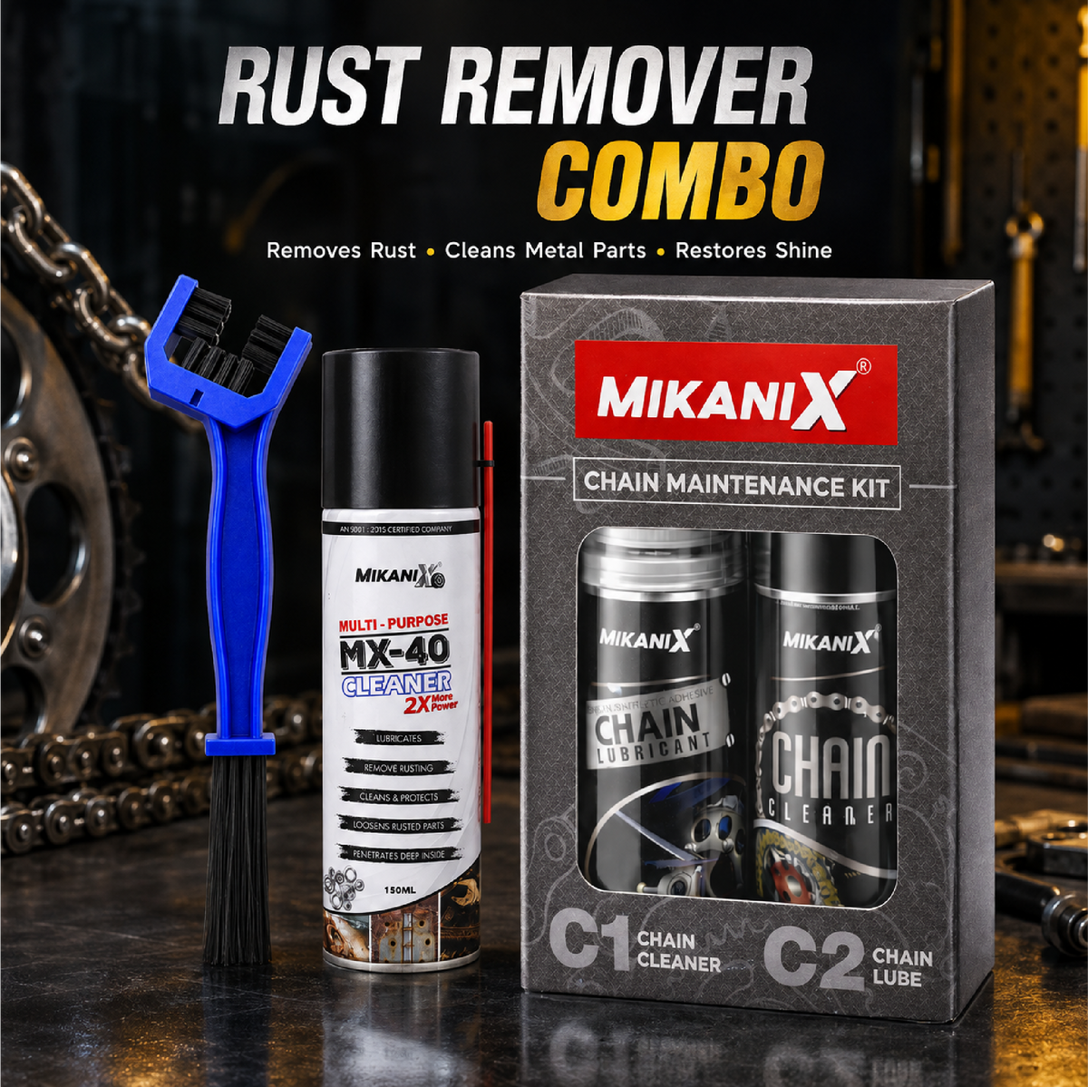 Mikanix Combo Of Rust Remover Spray + Chain Cleaner + Chain Lubricant With Cleaning Brush | Cleans, Shines & Protects Chain | Remove Rust From Chain | Metal Parts (Pack of 4)