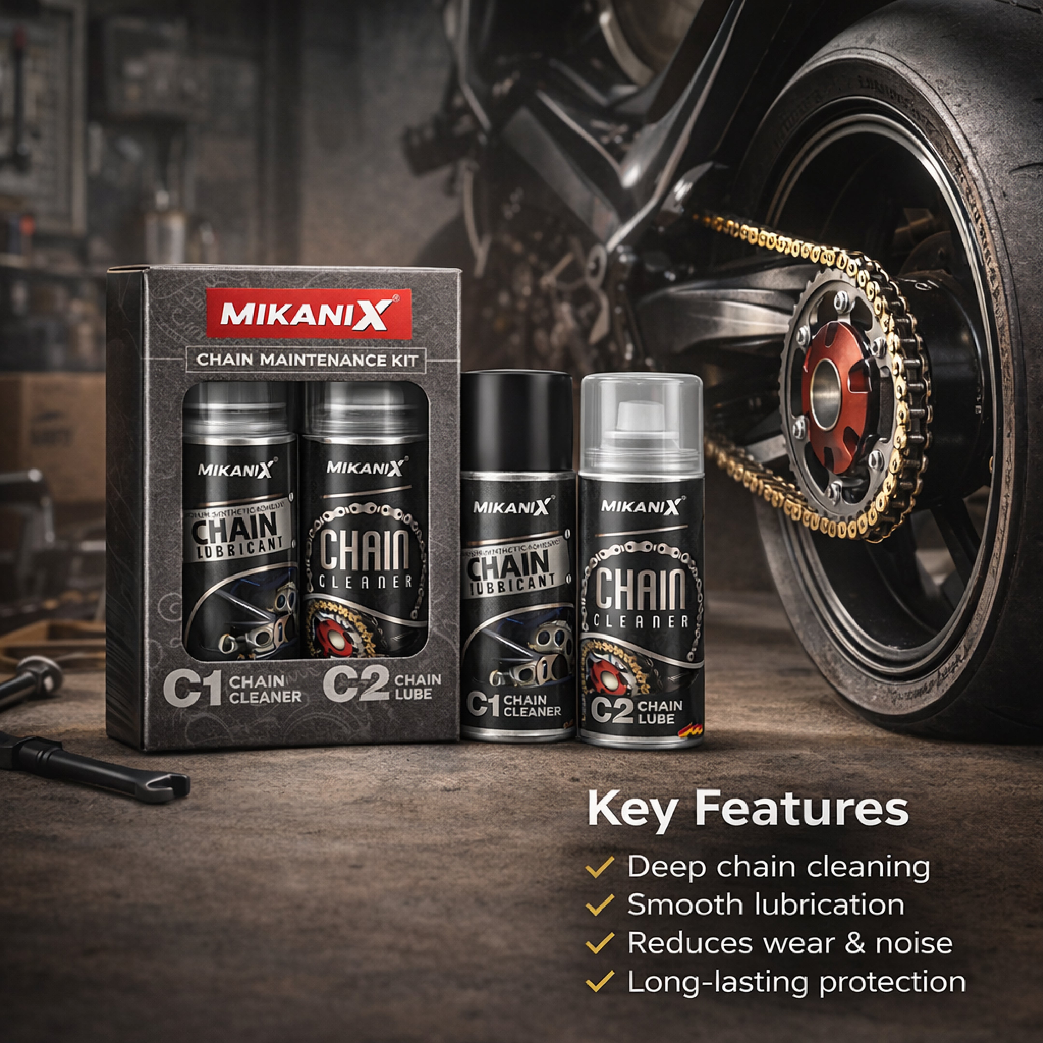 Mikanix Premium Bike Chain Lubricant and Chain Cleaner Spray For Motorcycle and Bicycle Cleaning Kit