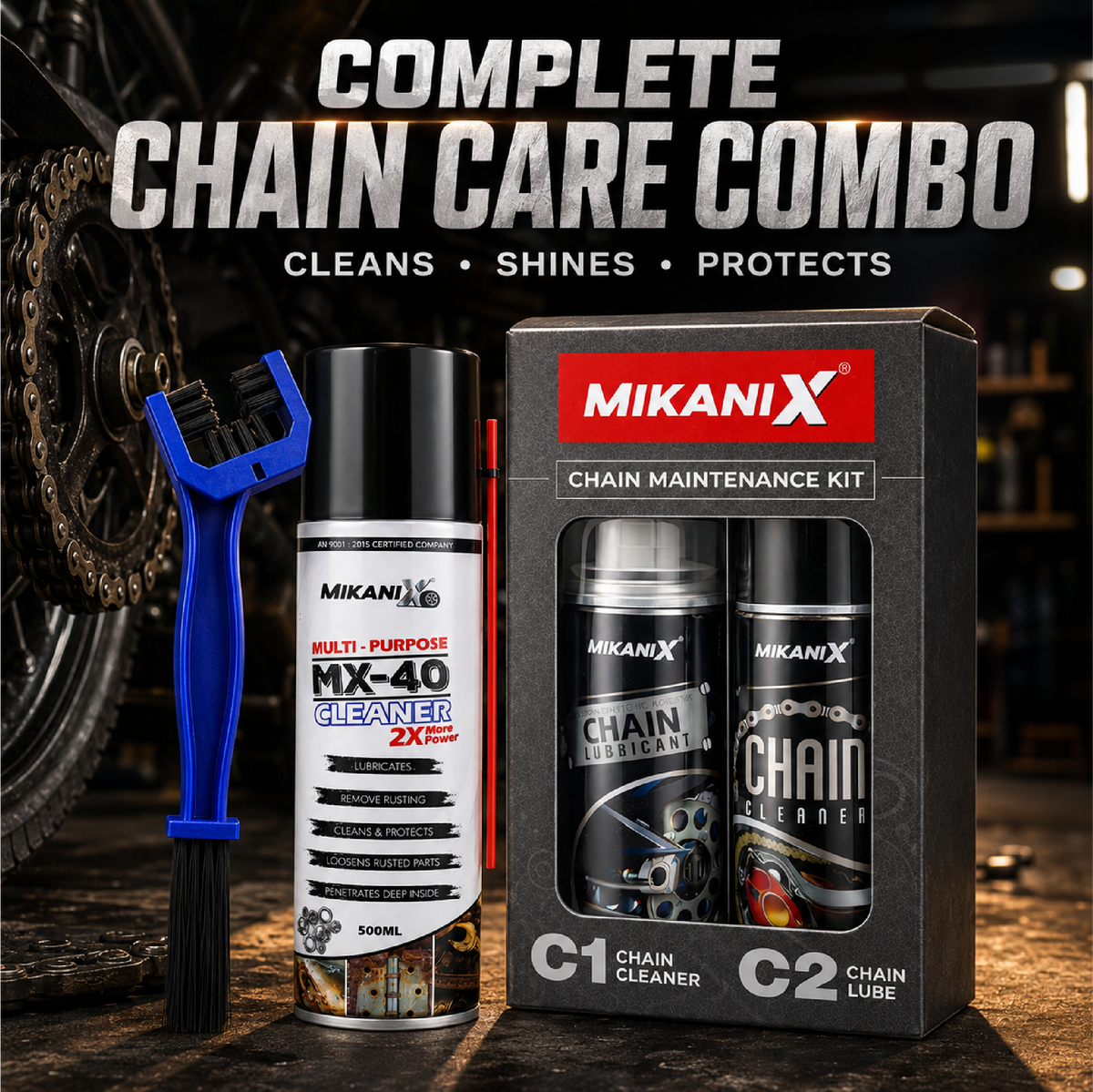 Mikanix Combo Of Rust Remover Spray + Chain Cleaner + Chain Lubricant With Cleaning Brush | Cleans, Shines & Protects Chain | Remove Rust From Chain | Metal Parts (Pack of 4)