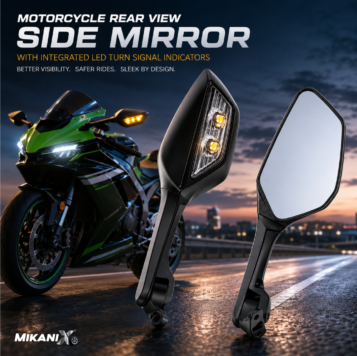 MIKANIX Universal Adjustable Rear View Side Mirror with Turn Signal Led Indicator for All Fairing Bikes