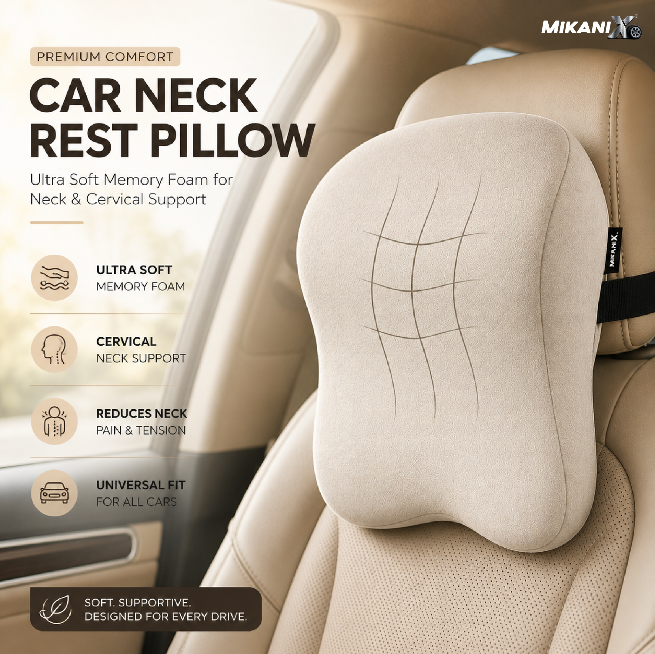 Mikanix Car Neck Rest Pillow | Seat Cushion | 2 Years Warranty | Ultra Soft Memory Foam for Neck and Cervical Support to Relief Neck Pain & Reduced Tension (Velvet Beige (Pack of 1))