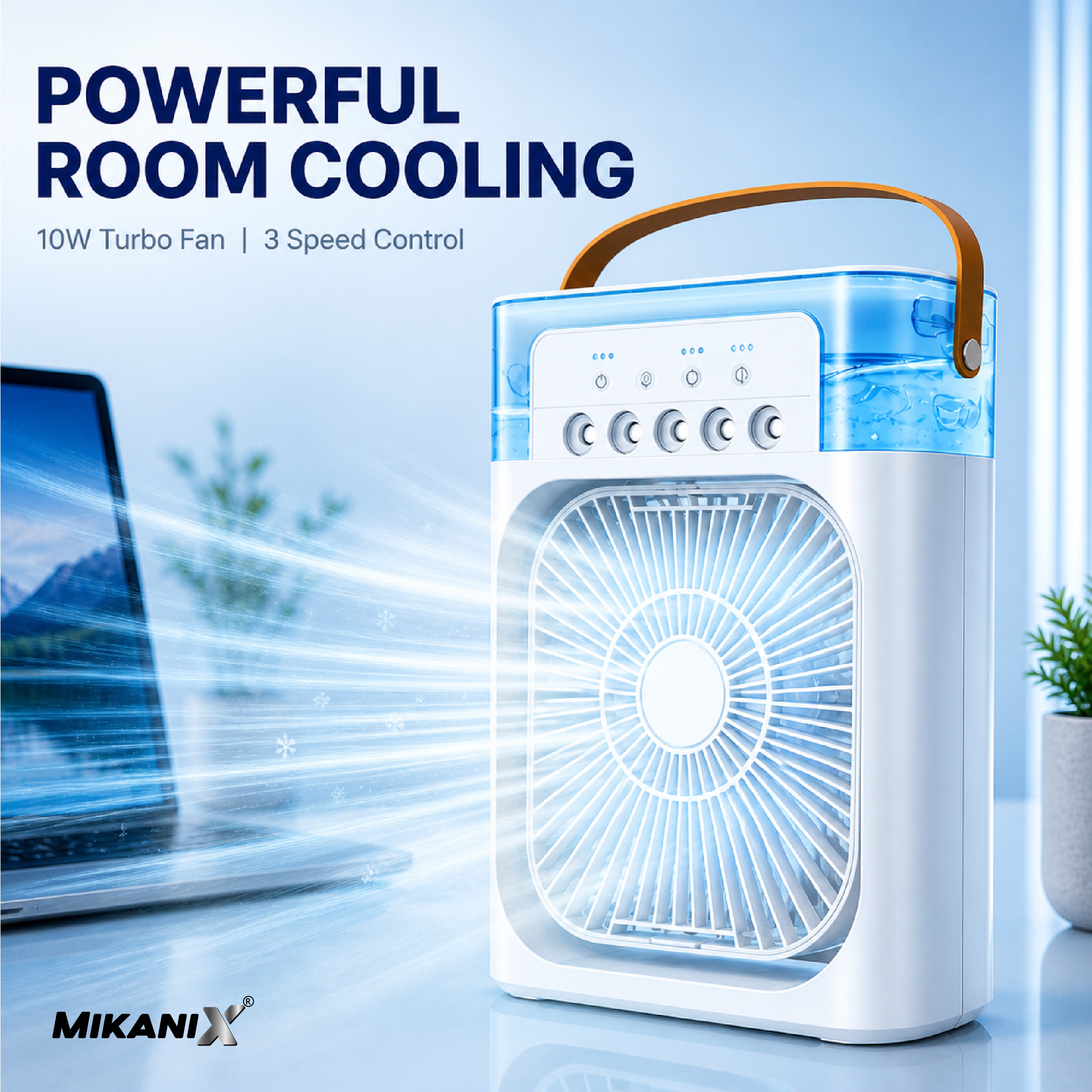 Mikanix Mini Cooler Fan for Room, Kitchen, Home & Office Desk | USB Cable, 3 Wind Speed Mode With Cooling Misting Fan
