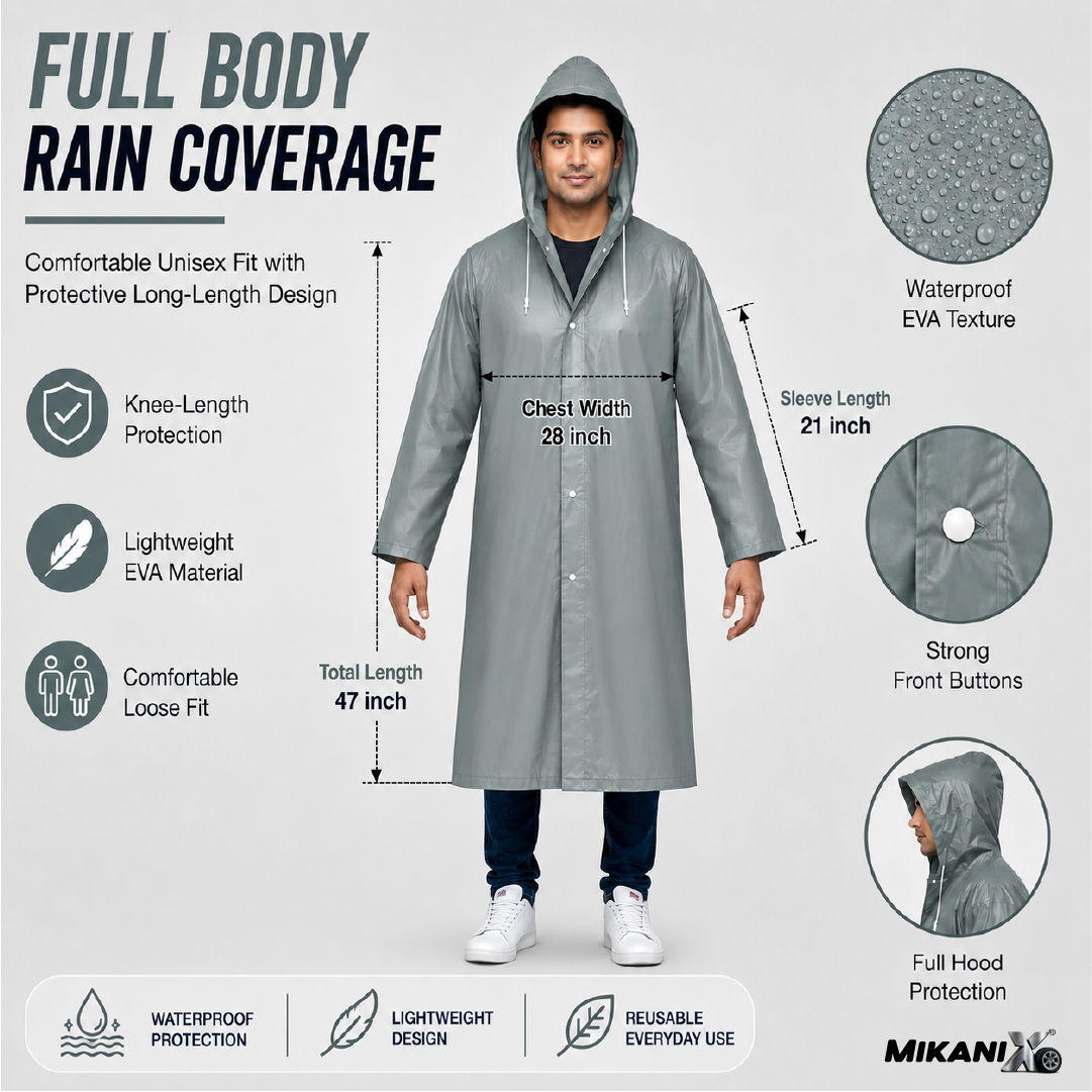 MIKANIX Waterproof Hooded Raincoat for Men & Women | Full Length Reusable PVC Rain Wear | Lightweight Windproof Rain Jacket with Front Button Closure (Pack of 1)