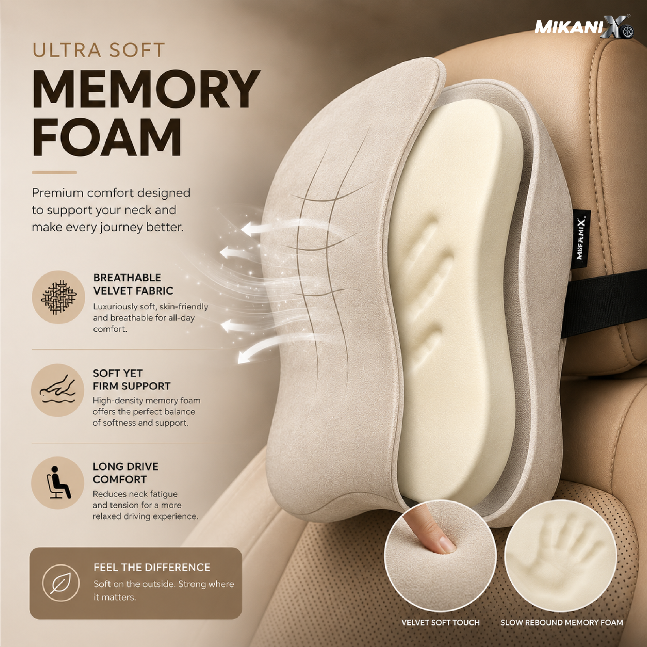 Mikanix Car Neck Rest Pillow | Seat Cushion | 2 Years Warranty | Ultra Soft Memory Foam for Neck and Cervical Support to Relief Neck Pain & Reduced Tension (Velvet Beige (Pack of 1))