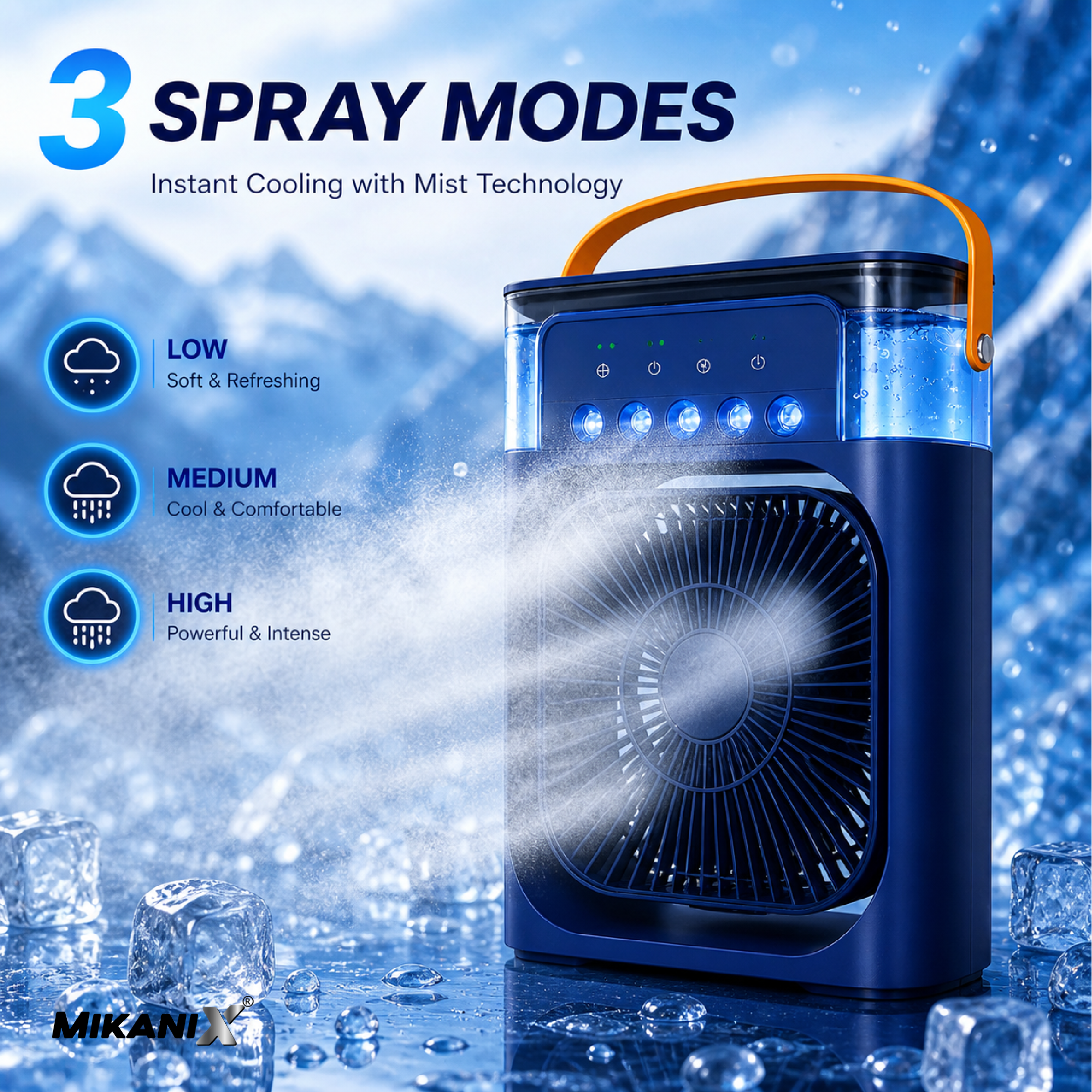 Mikanix Mini Cooler Fan for Room, Kitchen, Home & Office Desk | USB Cable, 3 Wind Speed Mode With Cooling Misting Fan