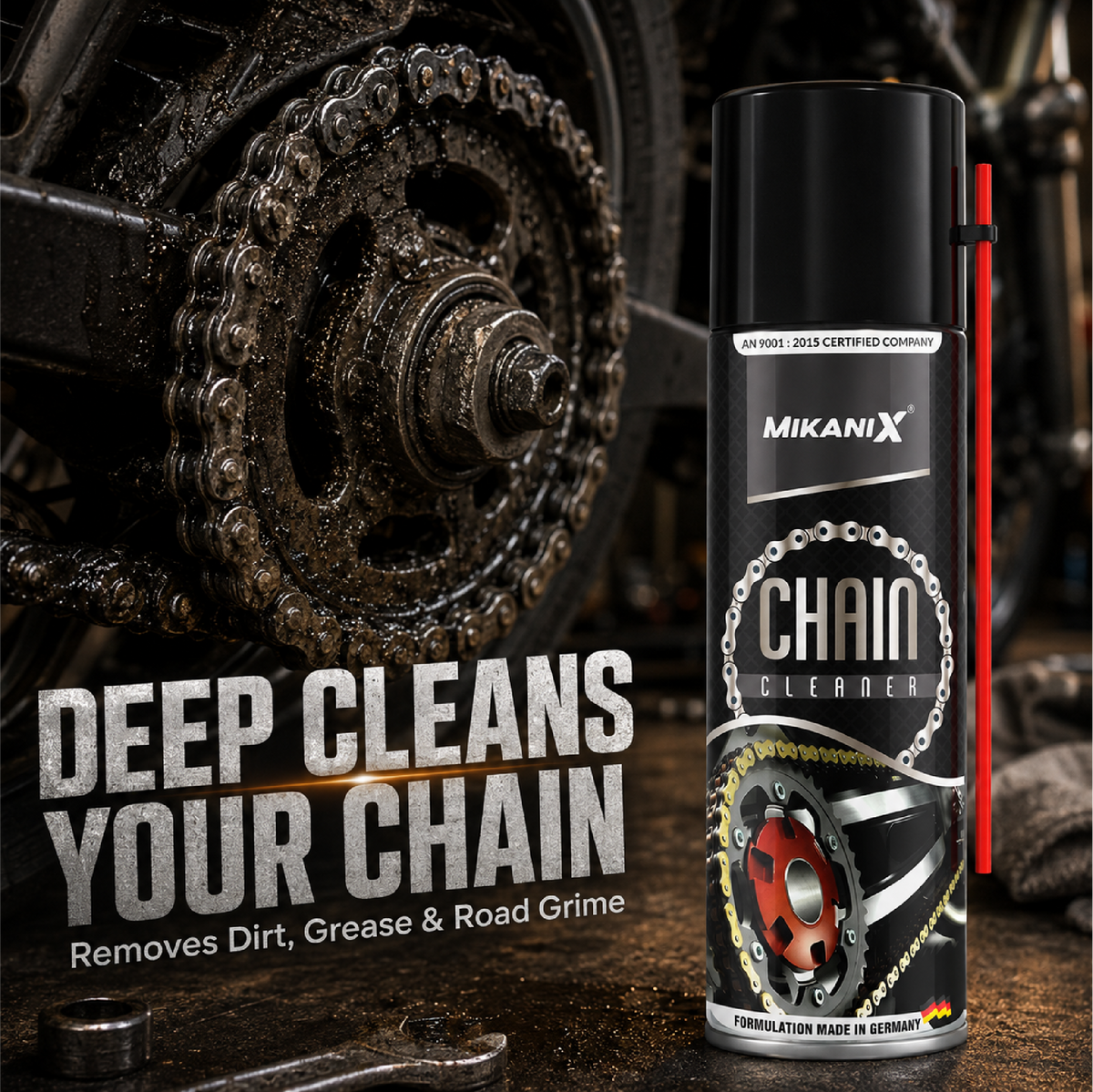 Mikanix Combo Of Rust Remover Spray + Chain Cleaner + Chain Lubricant With Cleaning Brush | Cleans, Shines & Protects Chain | Remove Rust From Chain | Metal Parts (Pack of 4)