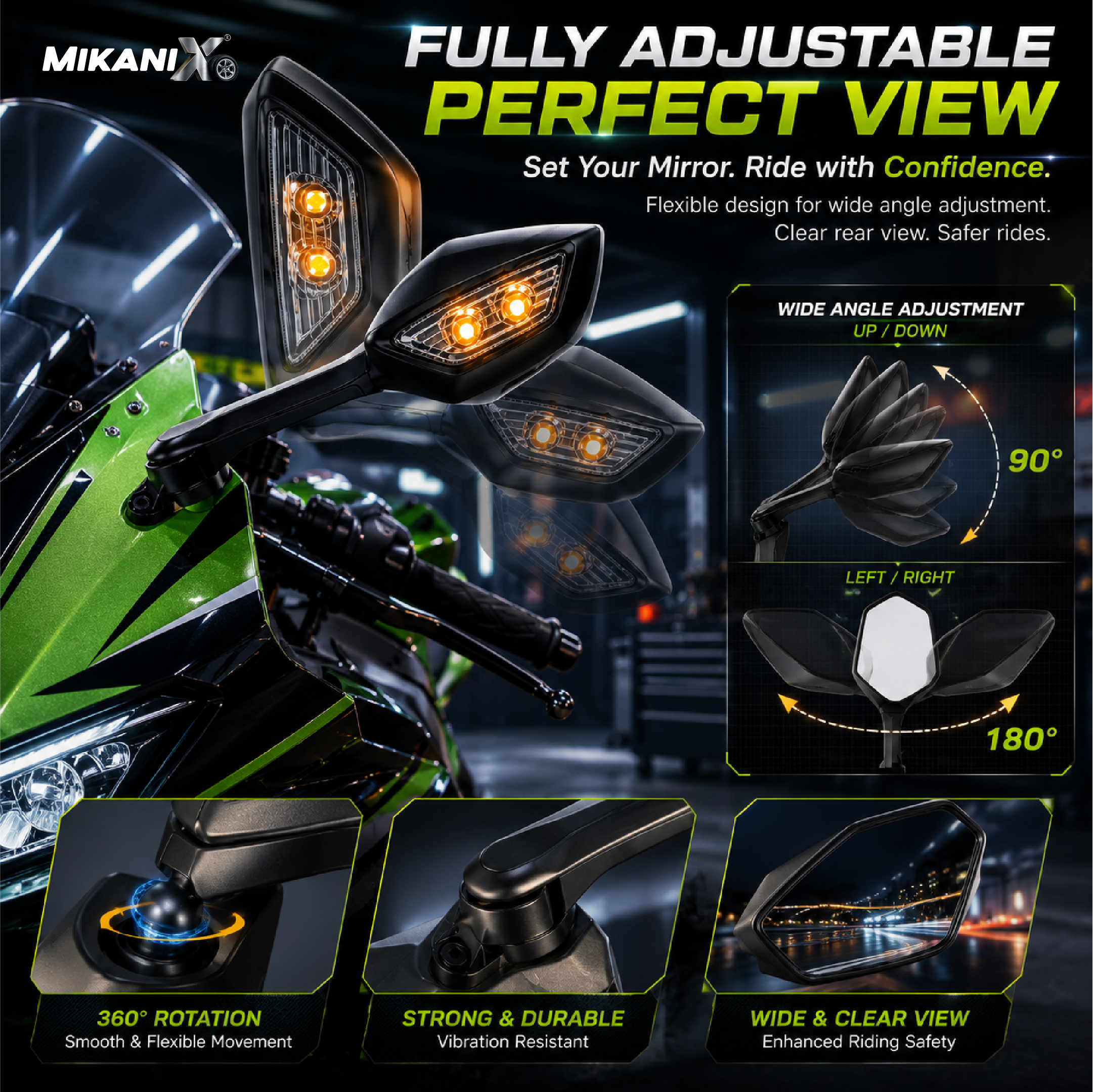 MIKANIX Universal Adjustable Rear View Side Mirror with Turn Signal Led Indicator for All Fairing Bikes