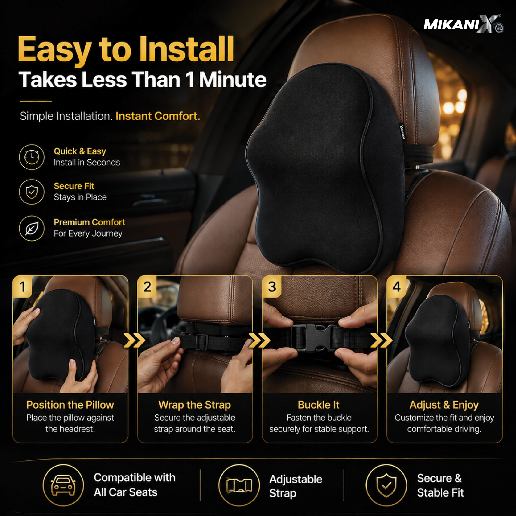 Mikanix Car Neck Rest Pillow | Seat Cushion | 2 Years Warranty | Ultra Soft Memory Foam for Neck and Cervical Support to Relief Neck Pain & Reduced Tension (Velvet Beige (Pack of 1))