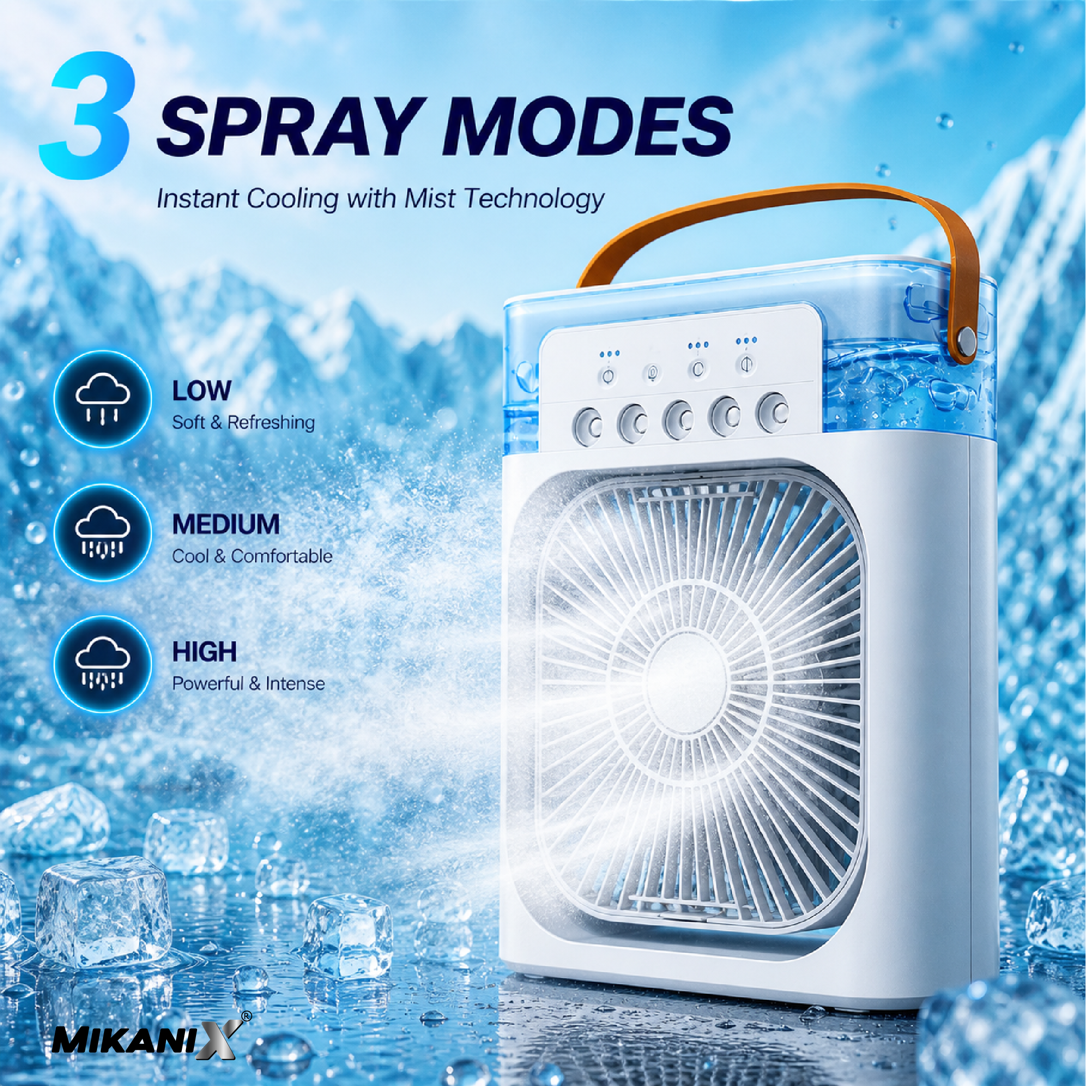 Mikanix Mini Cooler Fan for Room, Kitchen, Home & Office Desk | USB Cable, 3 Wind Speed Mode With Cooling Misting Fan