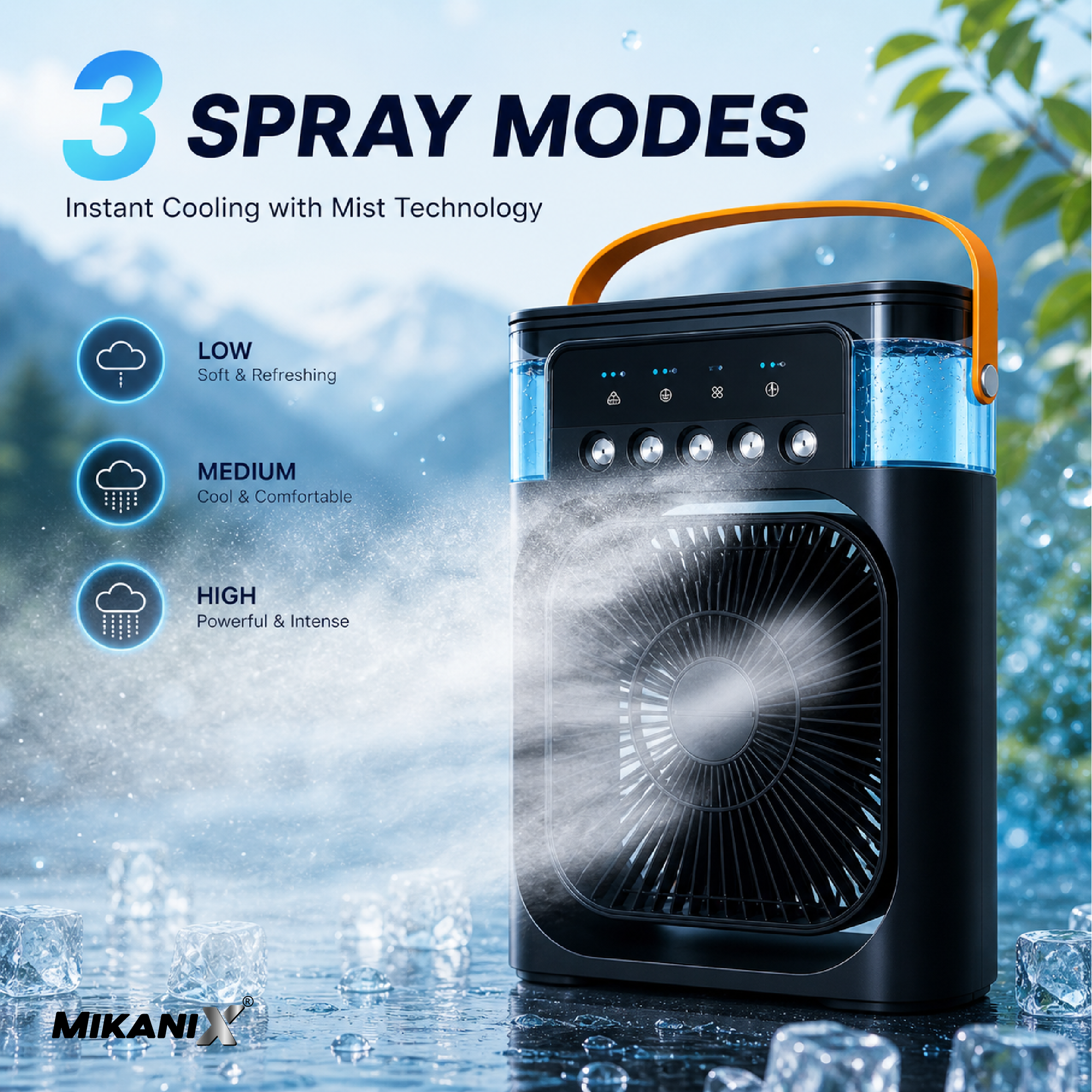 Mikanix Mini Cooler Fan for Room, Kitchen, Home & Office Desk | USB Cable, 3 Wind Speed Mode With Cooling Misting Fan