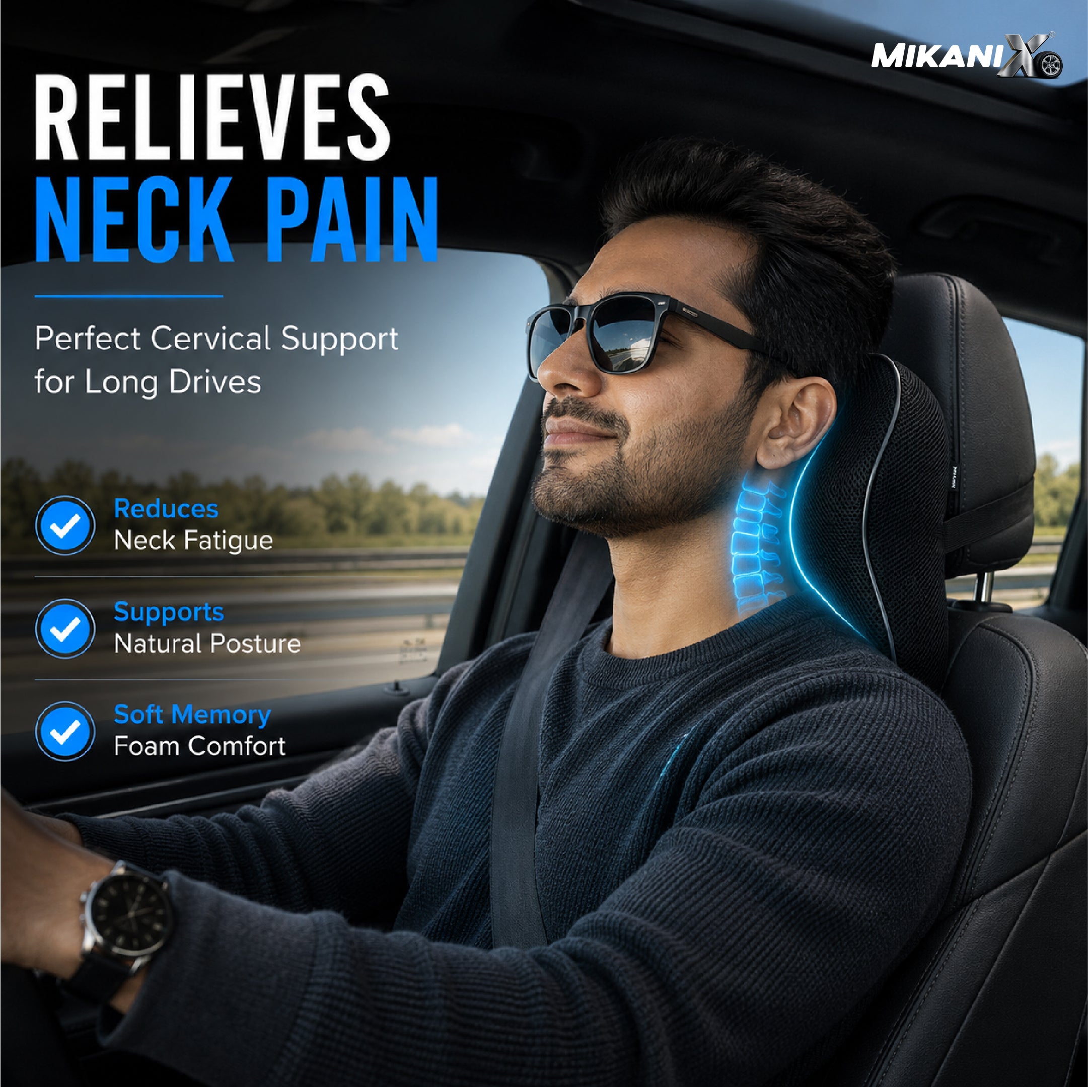 Mikanix Car Neck Rest Pillow | Seat Cushion | 2 Years Warranty | Ultra Soft Memory Foam for Neck and Cervical Support to Relief Neck Pain & Reduced Tension (Velvet Beige (Pack of 1))