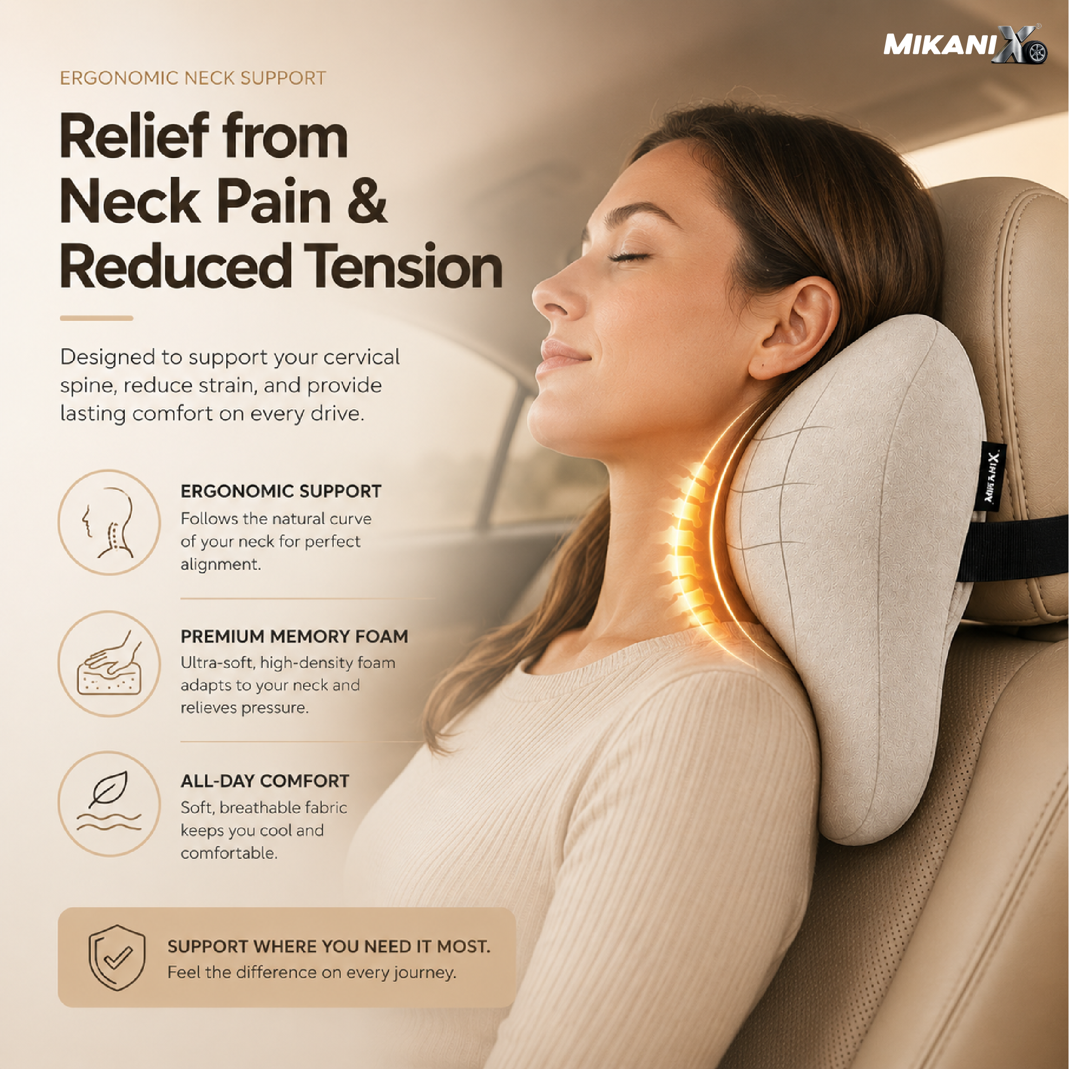 Mikanix Car Neck Rest Pillow | Seat Cushion | 2 Years Warranty | Ultra Soft Memory Foam for Neck and Cervical Support to Relief Neck Pain & Reduced Tension (Velvet Beige (Pack of 1))