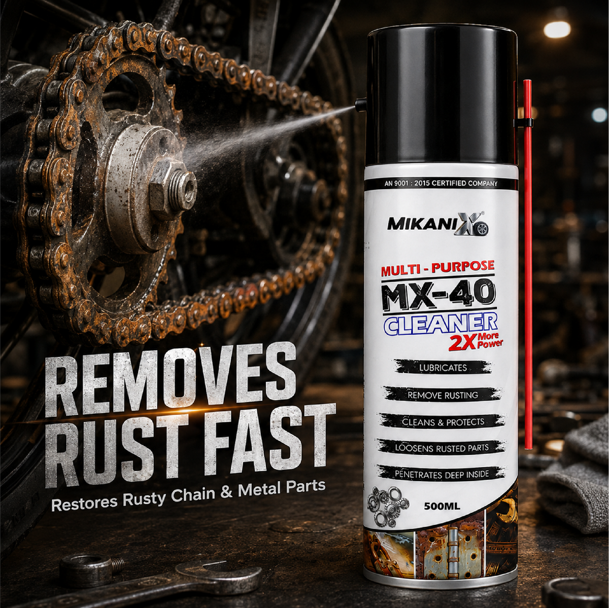 Mikanix Combo Of Rust Remover Spray + Chain Cleaner + Chain Lubricant With Cleaning Brush | Cleans, Shines & Protects Chain | Remove Rust From Chain | Metal Parts (Pack of 4)