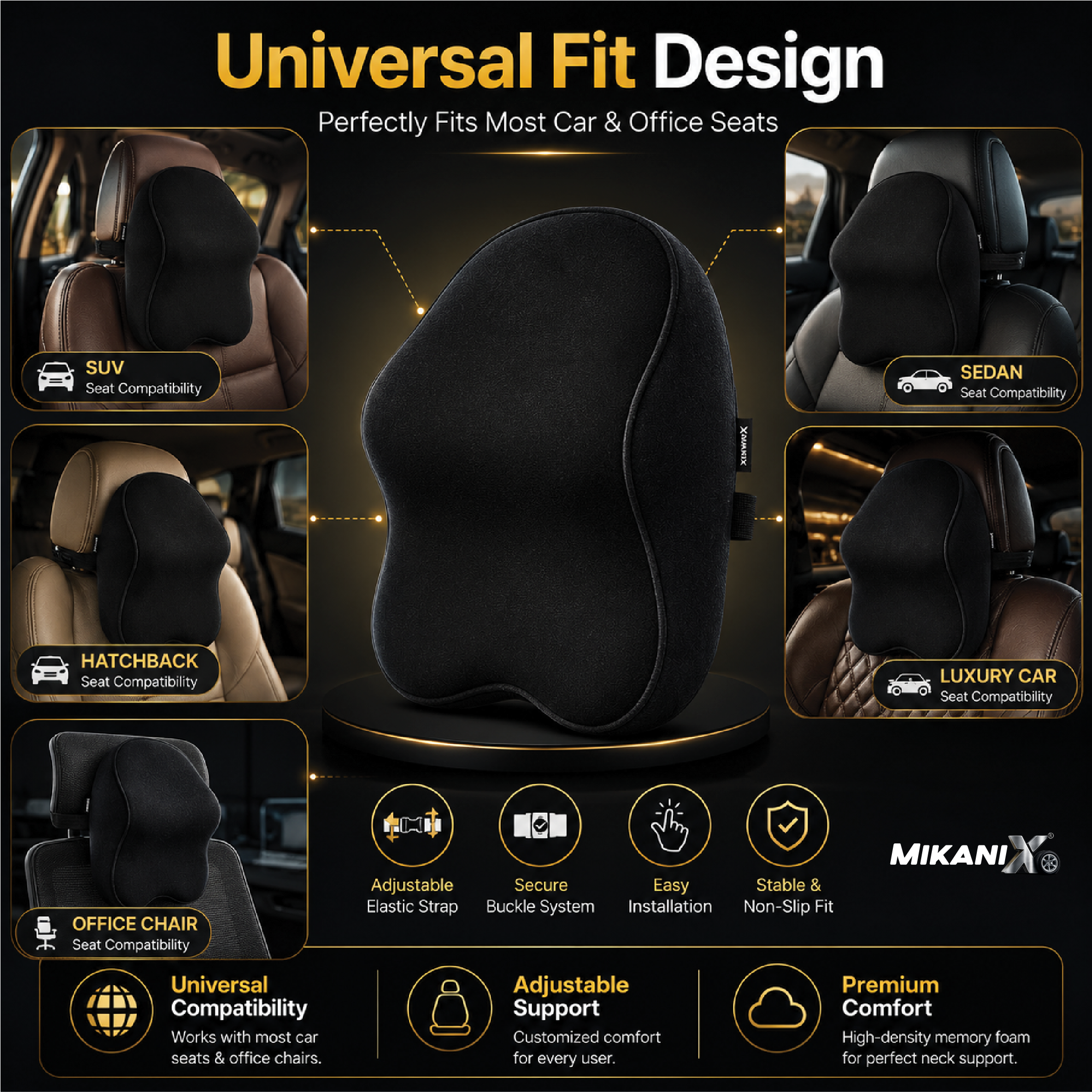 Mikanix Car Neck Rest Pillow | Seat Cushion | 2 Years Warranty | Ultra Soft Memory Foam for Neck and Cervical Support to Relief Neck Pain & Reduced Tension (Velvet Beige (Pack of 1))