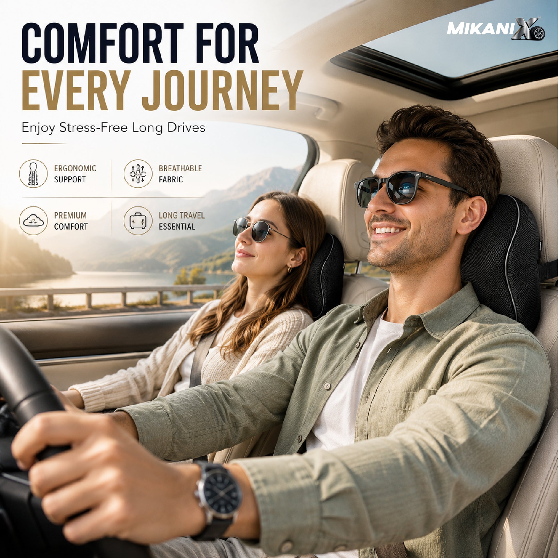 Mikanix Car Neck Rest Pillow | Seat Cushion | 2 Years Warranty | Ultra Soft Memory Foam for Neck and Cervical Support to Relief Neck Pain & Reduced Tension (Velvet Beige (Pack of 1))