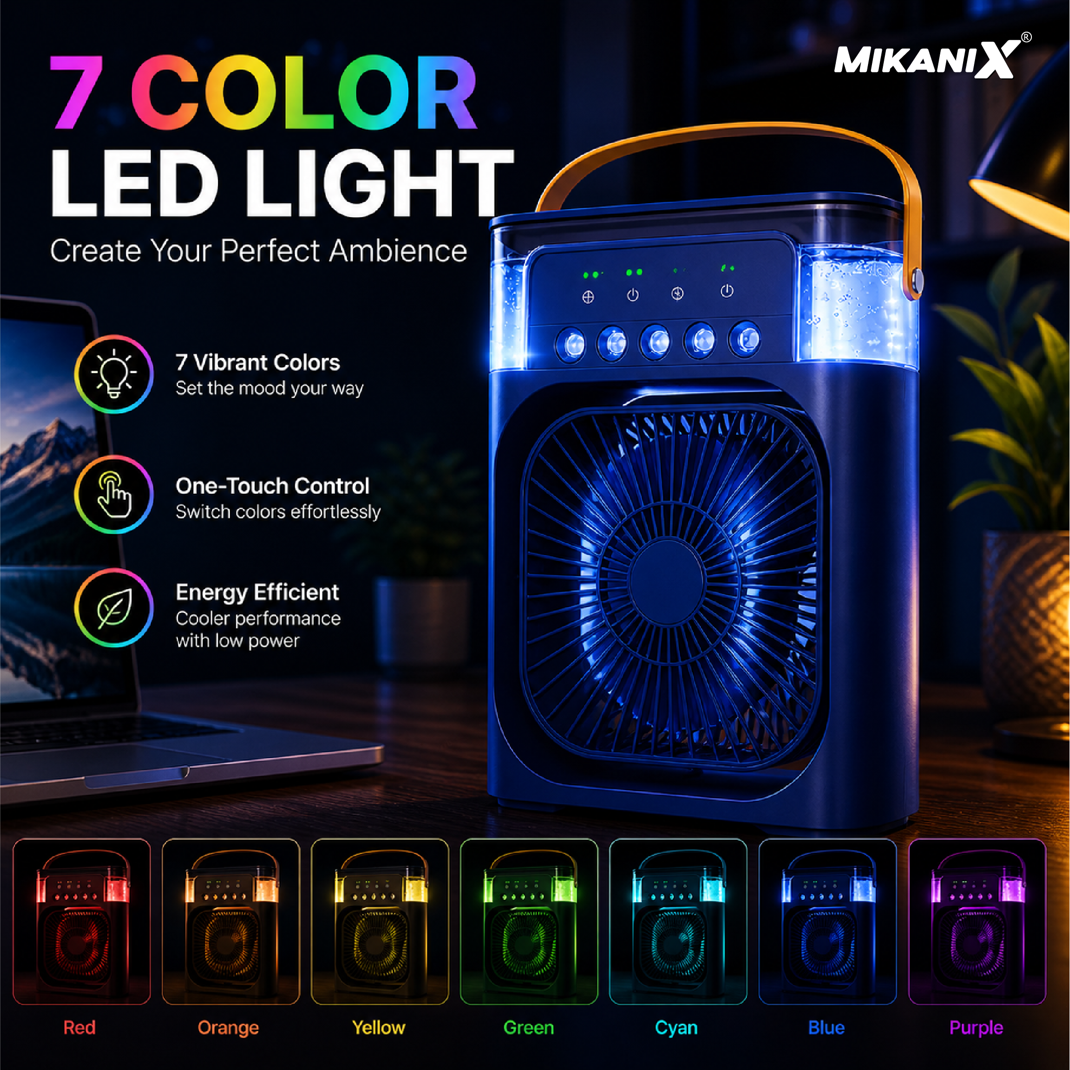 Mikanix Mini Cooler Fan for Room, Kitchen, Home & Office Desk | USB Cable, 3 Wind Speed Mode With Cooling Misting Fan