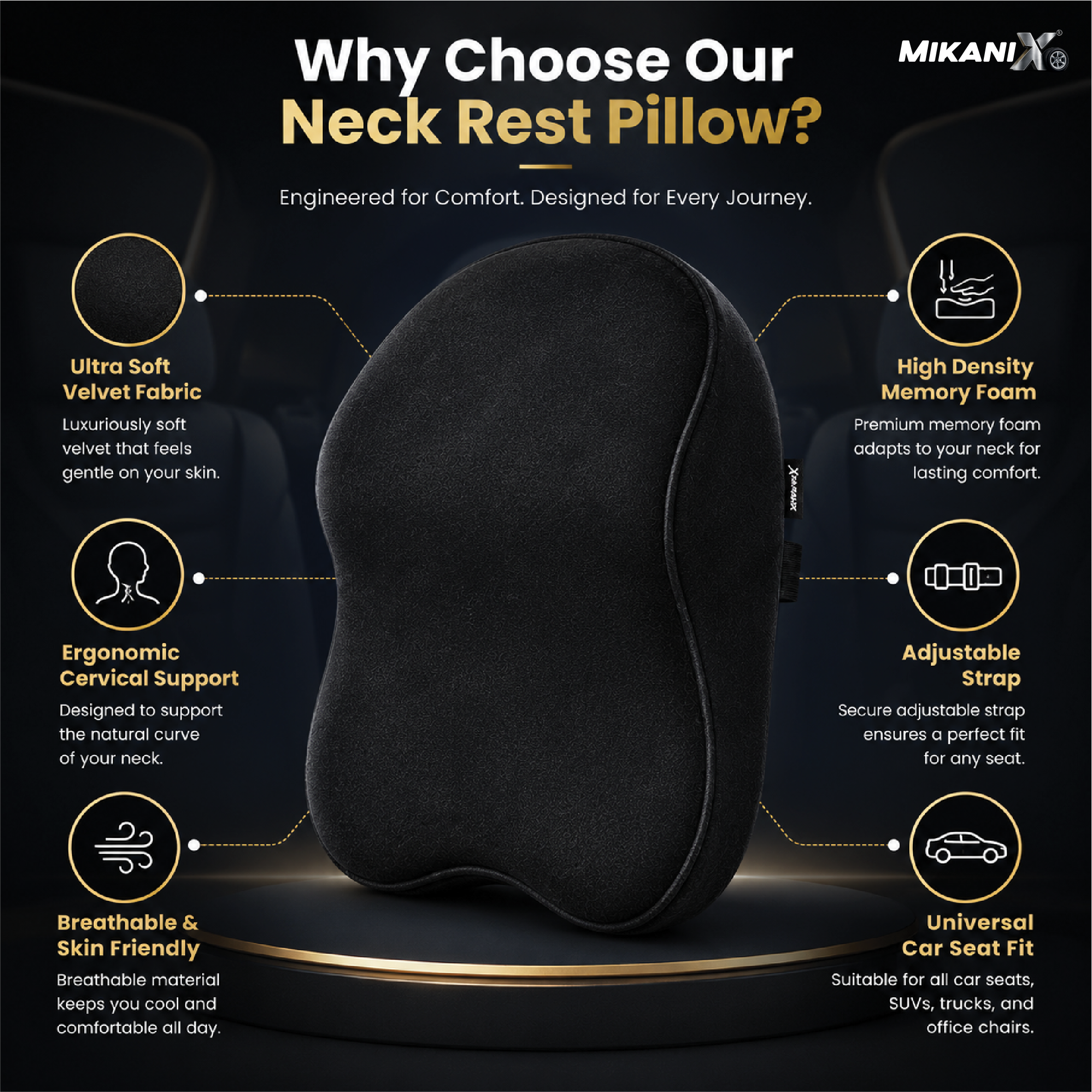 Mikanix Car Neck Rest Pillow | Seat Cushion | 2 Years Warranty | Ultra Soft Memory Foam for Neck and Cervical Support to Relief Neck Pain & Reduced Tension (Velvet Beige (Pack of 1))