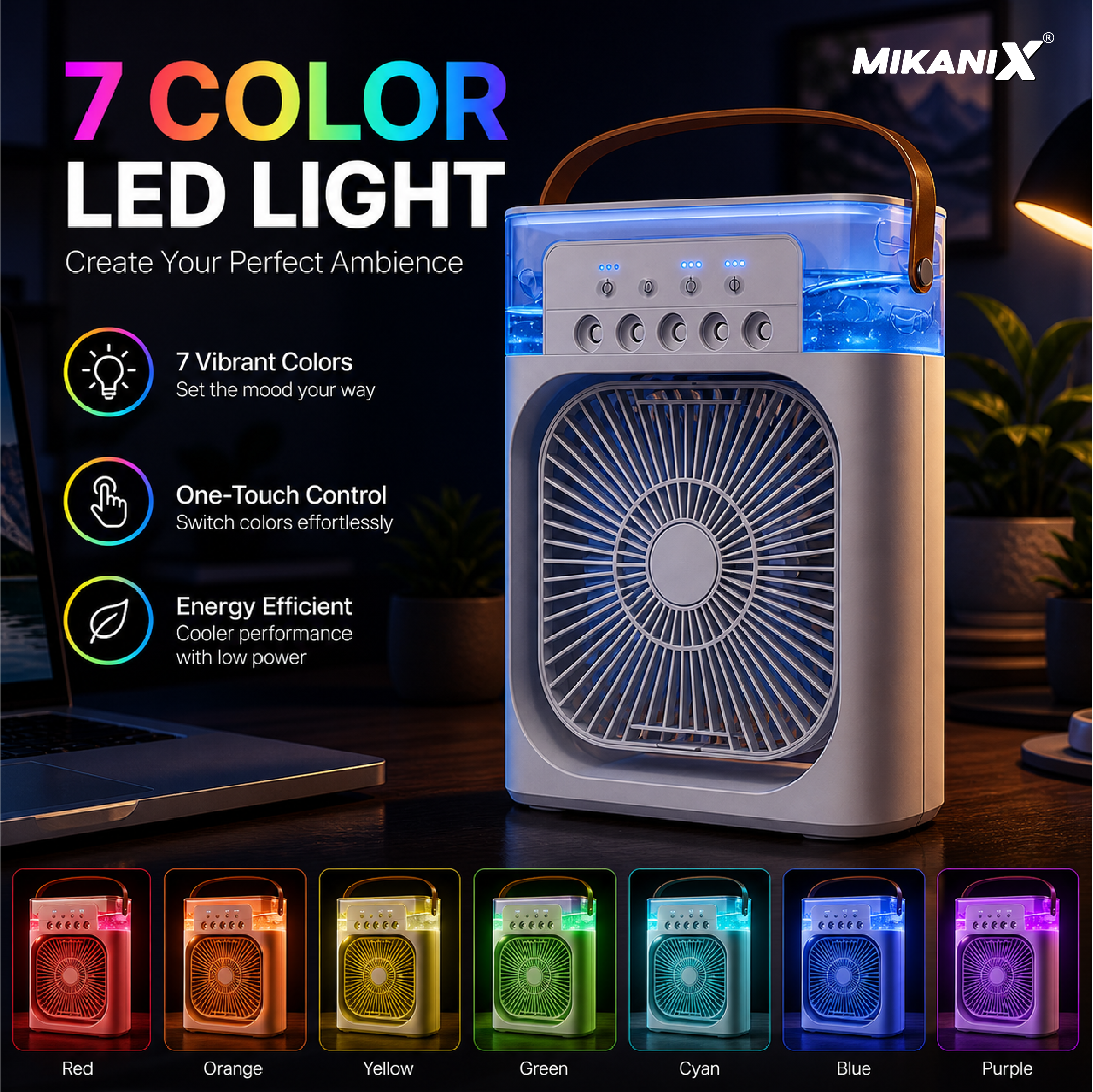 Mikanix Mini Cooler Fan for Room, Kitchen, Home & Office Desk | USB Cable, 3 Wind Speed Mode With Cooling Misting Fan