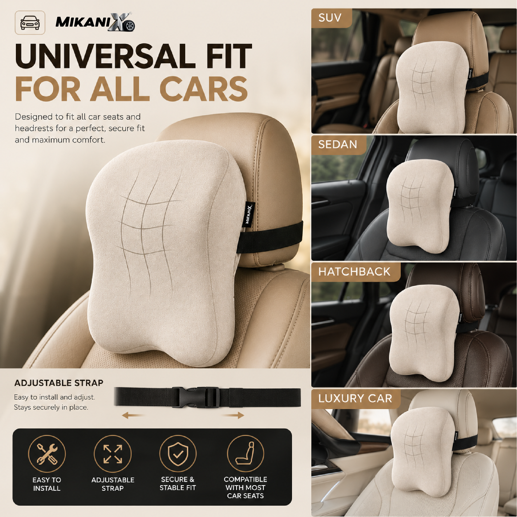Mikanix Car Neck Rest Pillow | Seat Cushion | 2 Years Warranty | Ultra Soft Memory Foam for Neck and Cervical Support to Relief Neck Pain & Reduced Tension (Velvet Beige (Pack of 1))