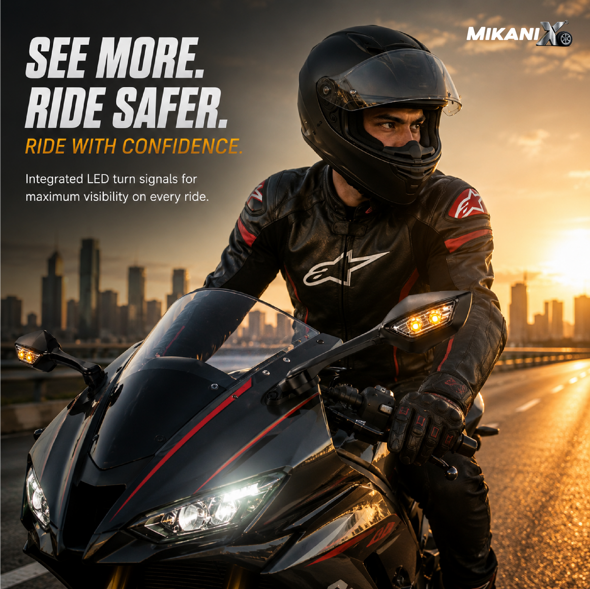 MIKANIX Universal Adjustable Rear View Side Mirror with Turn Signal Led Indicator for All Fairing Bikes