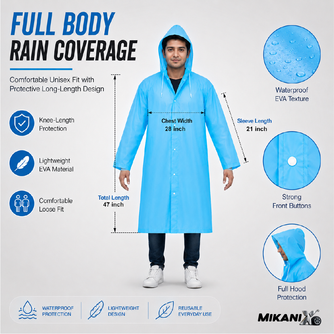 MIKANIX Waterproof Hooded Raincoat for Men & Women | Full Length Reusable PVC Rain Wear | Lightweight Windproof Rain Jacket with Front Button Closure (Pack of 1)