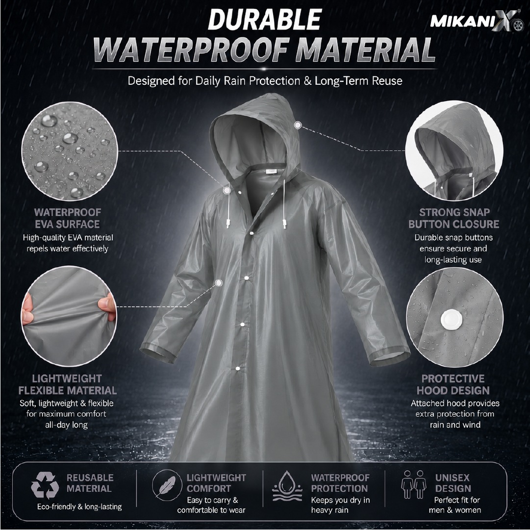 MIKANIX Waterproof Hooded Raincoat for Men & Women | Full Length Reusable PVC Rain Wear | Lightweight Windproof Rain Jacket with Front Button Closure (Pack of 1)