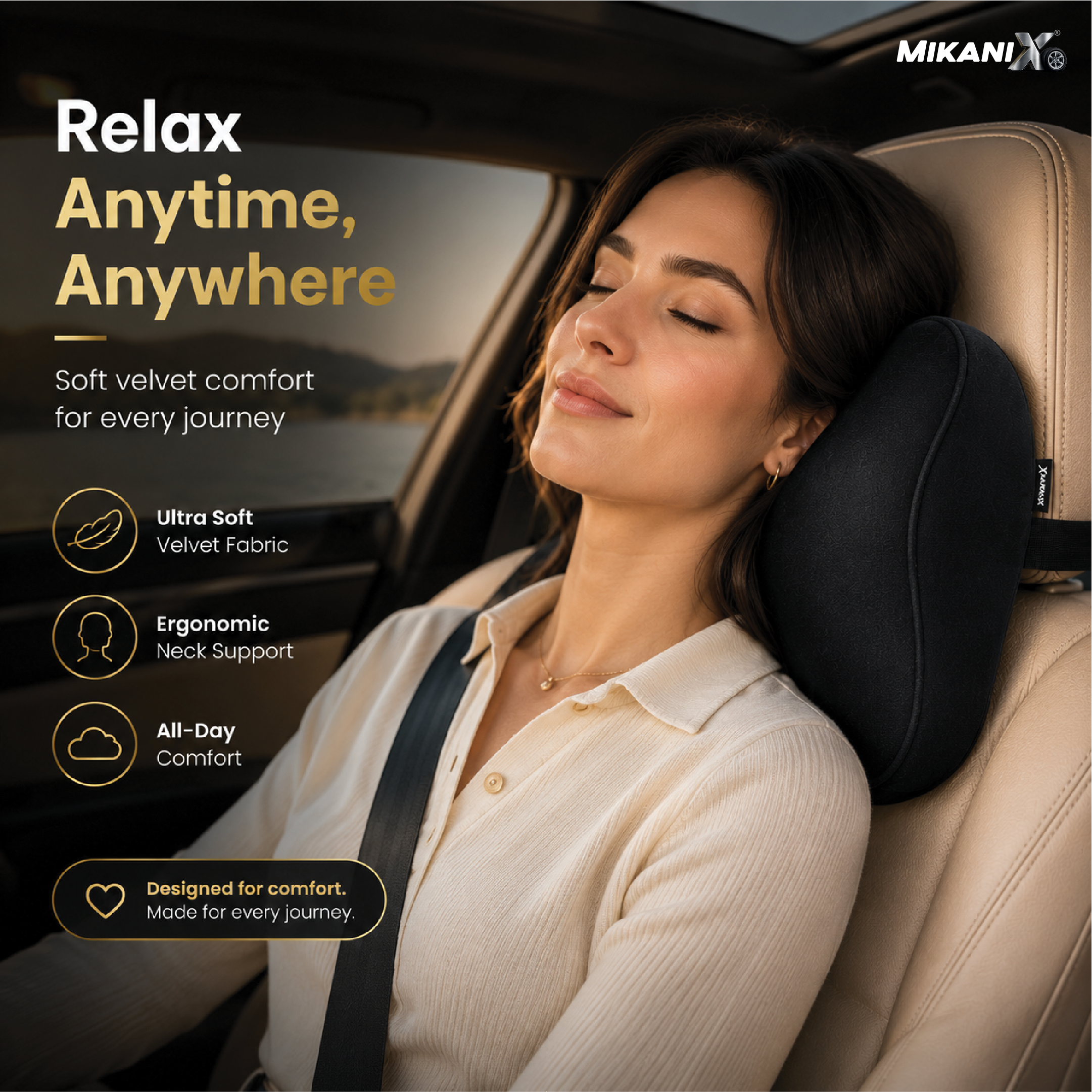 Mikanix Car Neck Rest Pillow | Seat Cushion | 2 Years Warranty | Ultra Soft Memory Foam for Neck and Cervical Support to Relief Neck Pain & Reduced Tension (Velvet Beige (Pack of 1))