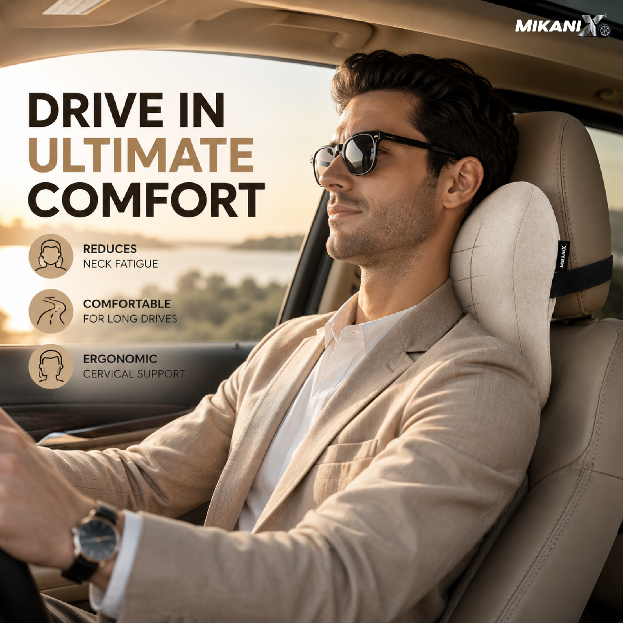 Mikanix Car Neck Rest Pillow | Seat Cushion | 2 Years Warranty | Ultra Soft Memory Foam for Neck and Cervical Support to Relief Neck Pain & Reduced Tension (Velvet Beige (Pack of 1))