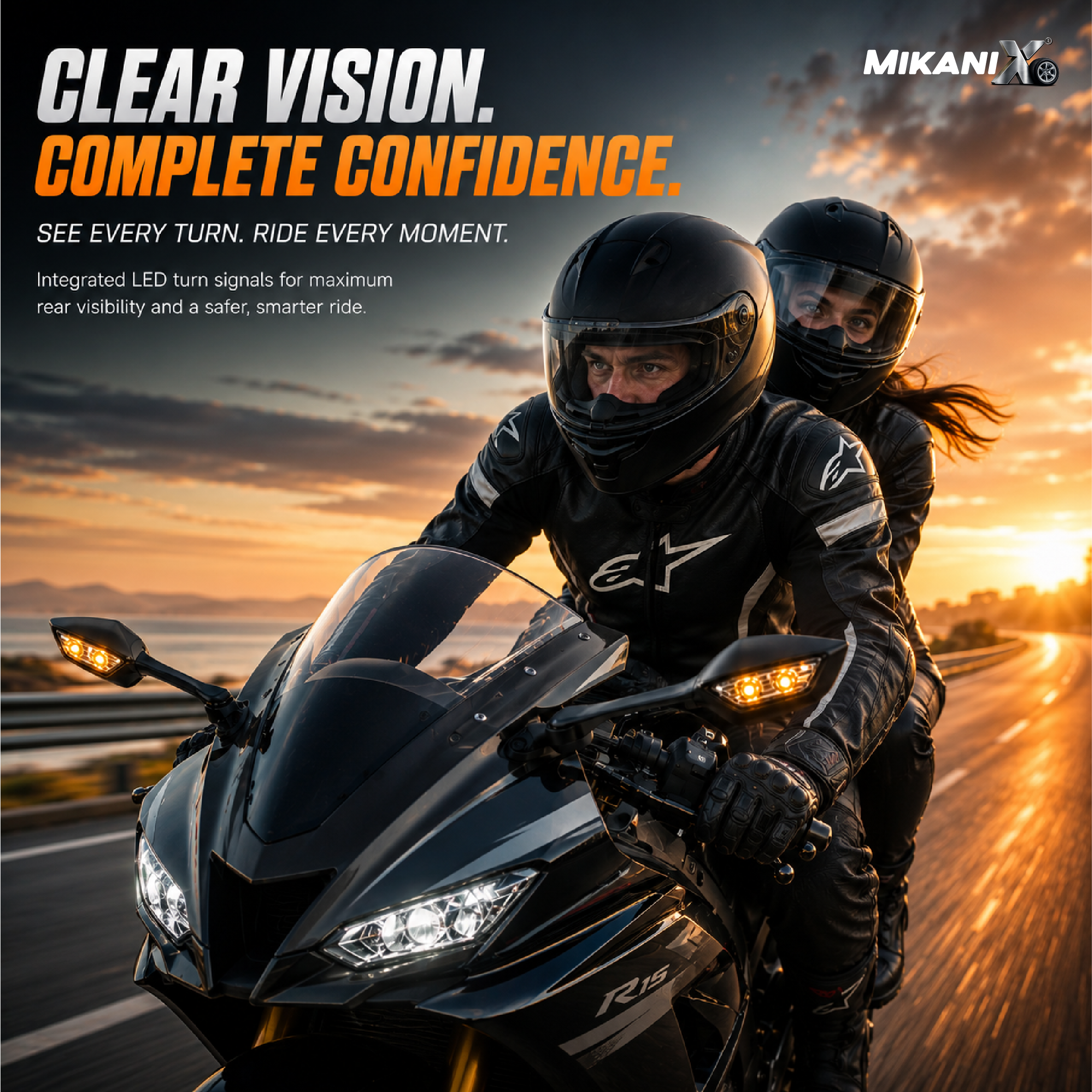 MIKANIX Universal Adjustable Rear View Side Mirror with Turn Signal Led Indicator for All Fairing Bikes