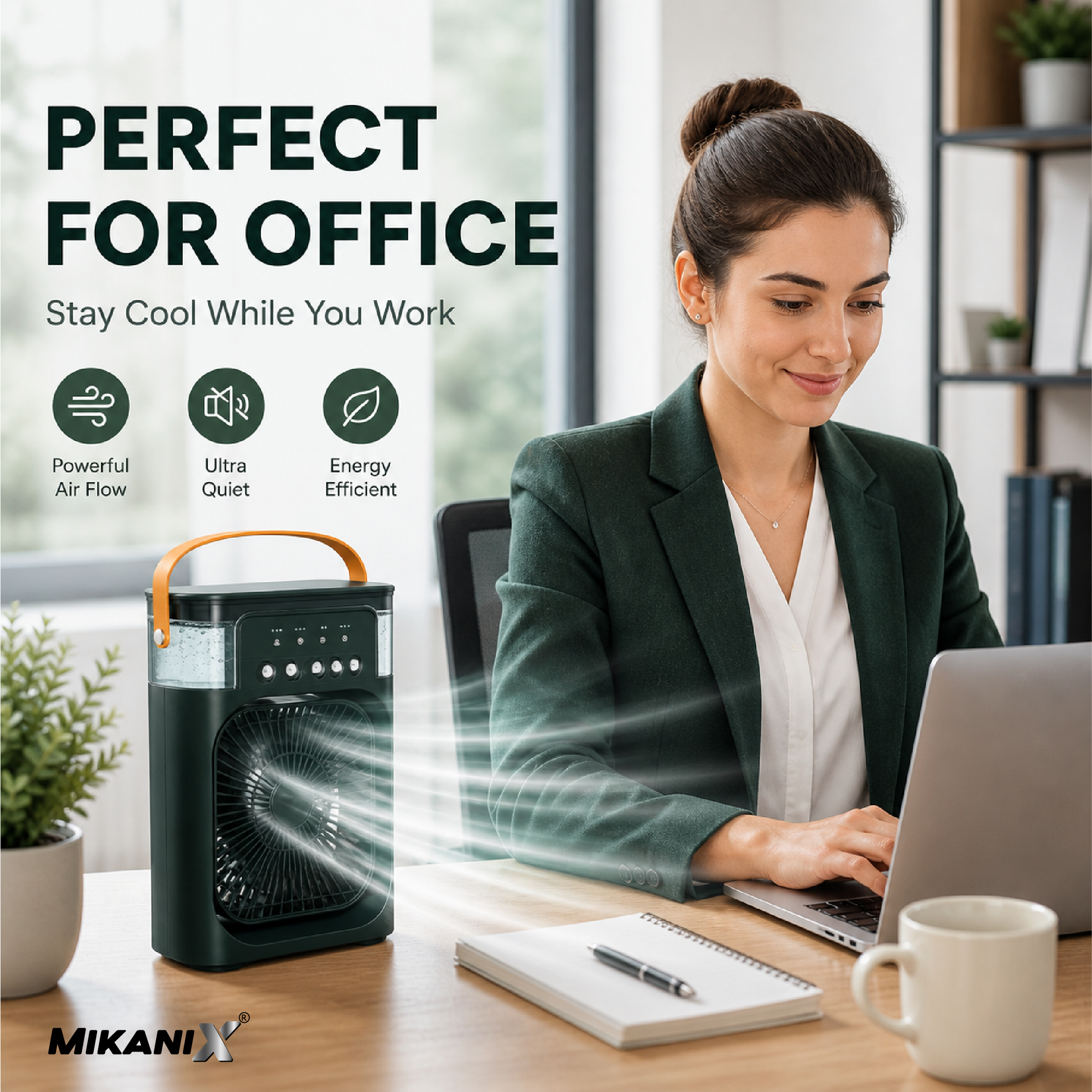 Mikanix Mini Cooler Fan for Room, Kitchen, Home & Office Desk | USB Cable, 3 Wind Speed Mode With Cooling Misting Fan