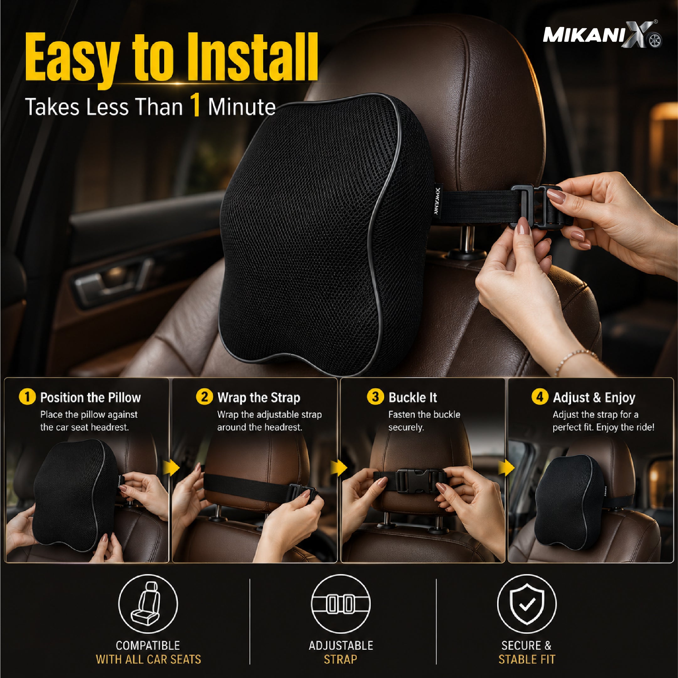Mikanix Car Neck Rest Pillow | Seat Cushion | 2 Years Warranty | Ultra Soft Memory Foam for Neck and Cervical Support to Relief Neck Pain & Reduced Tension (Velvet Beige (Pack of 1))