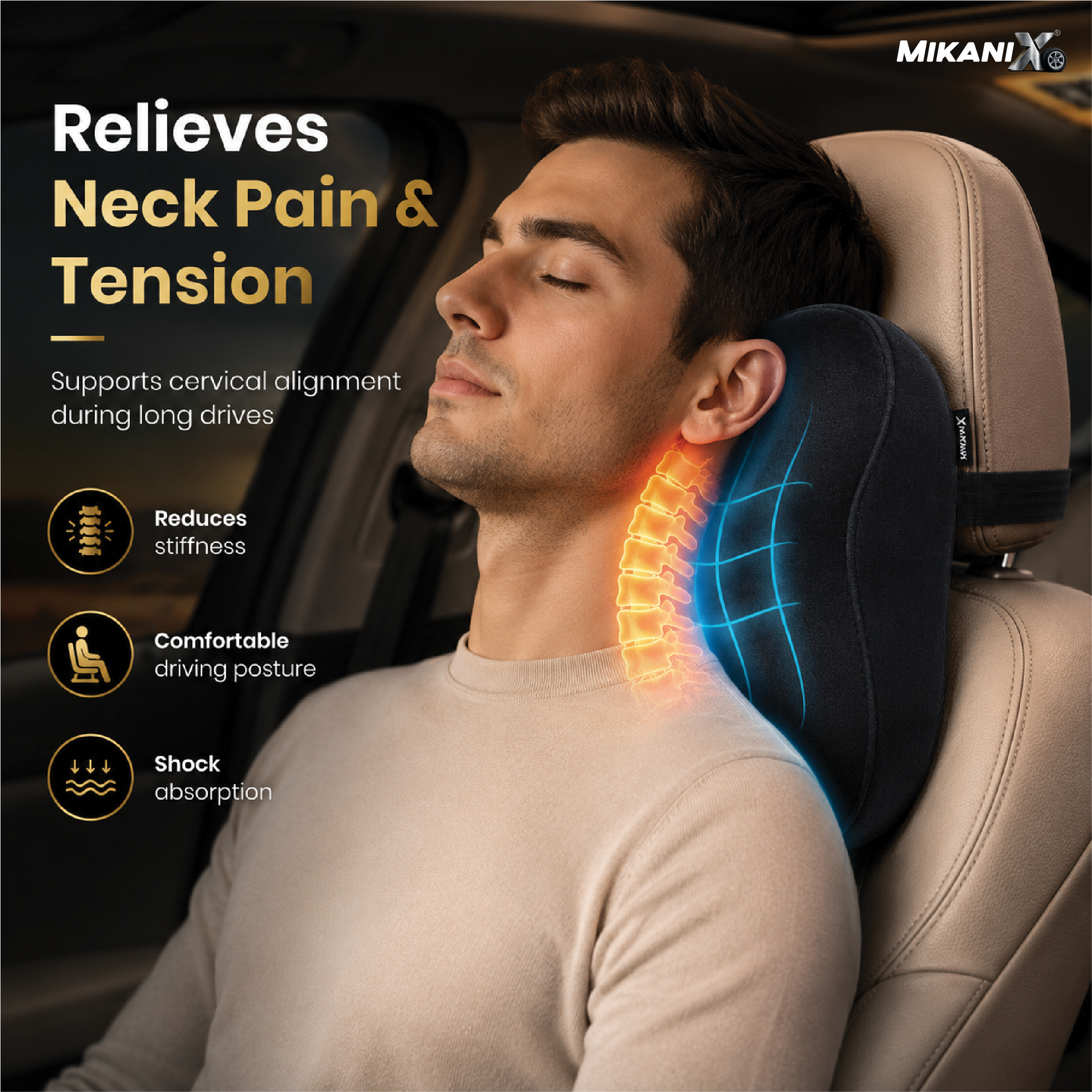 Mikanix Car Neck Rest Pillow | Seat Cushion | 2 Years Warranty | Ultra Soft Memory Foam for Neck and Cervical Support to Relief Neck Pain & Reduced Tension (Velvet Beige (Pack of 1))