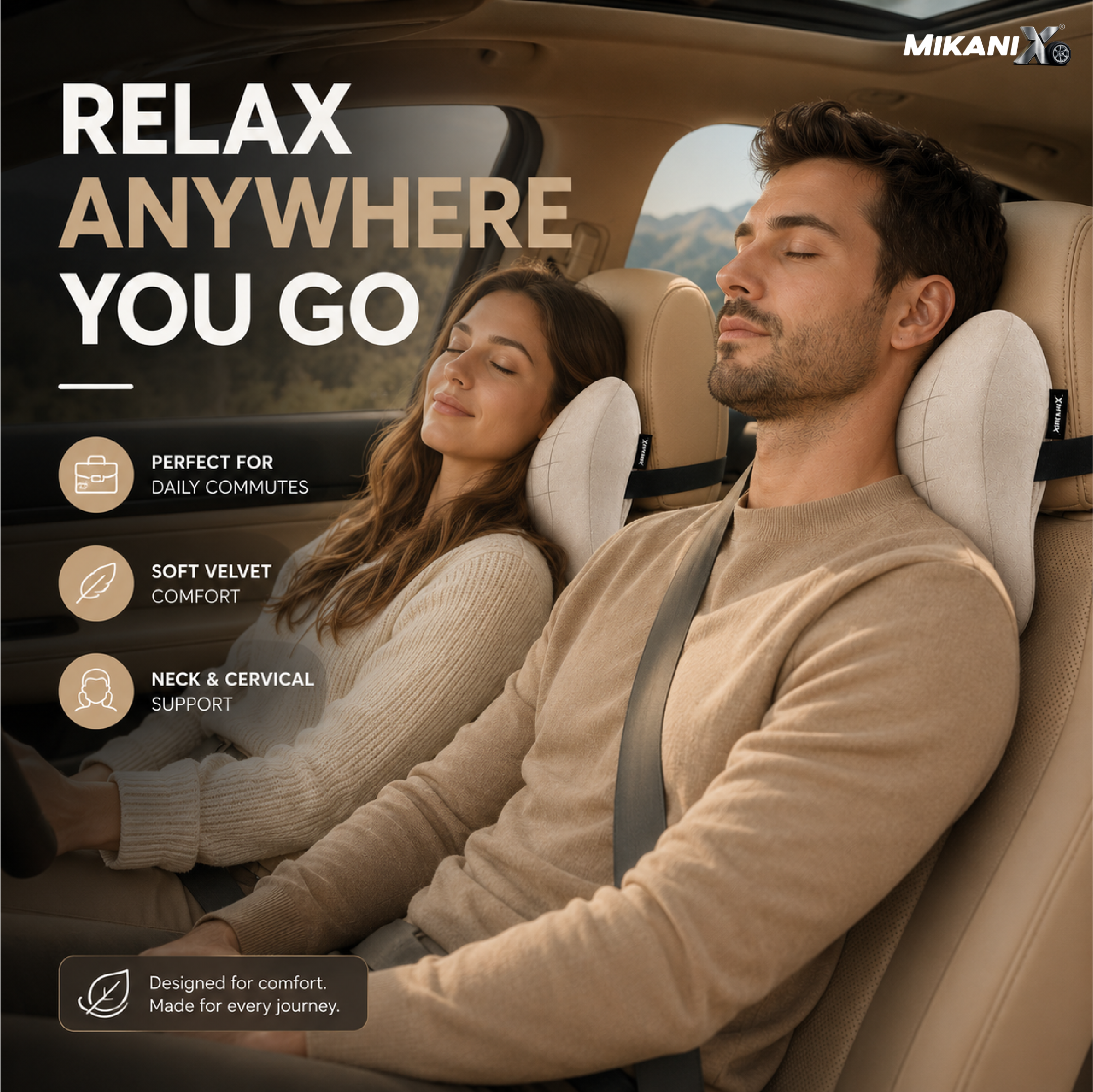Mikanix Car Neck Rest Pillow | Seat Cushion | 2 Years Warranty | Ultra Soft Memory Foam for Neck and Cervical Support to Relief Neck Pain & Reduced Tension (Velvet Beige (Pack of 1))