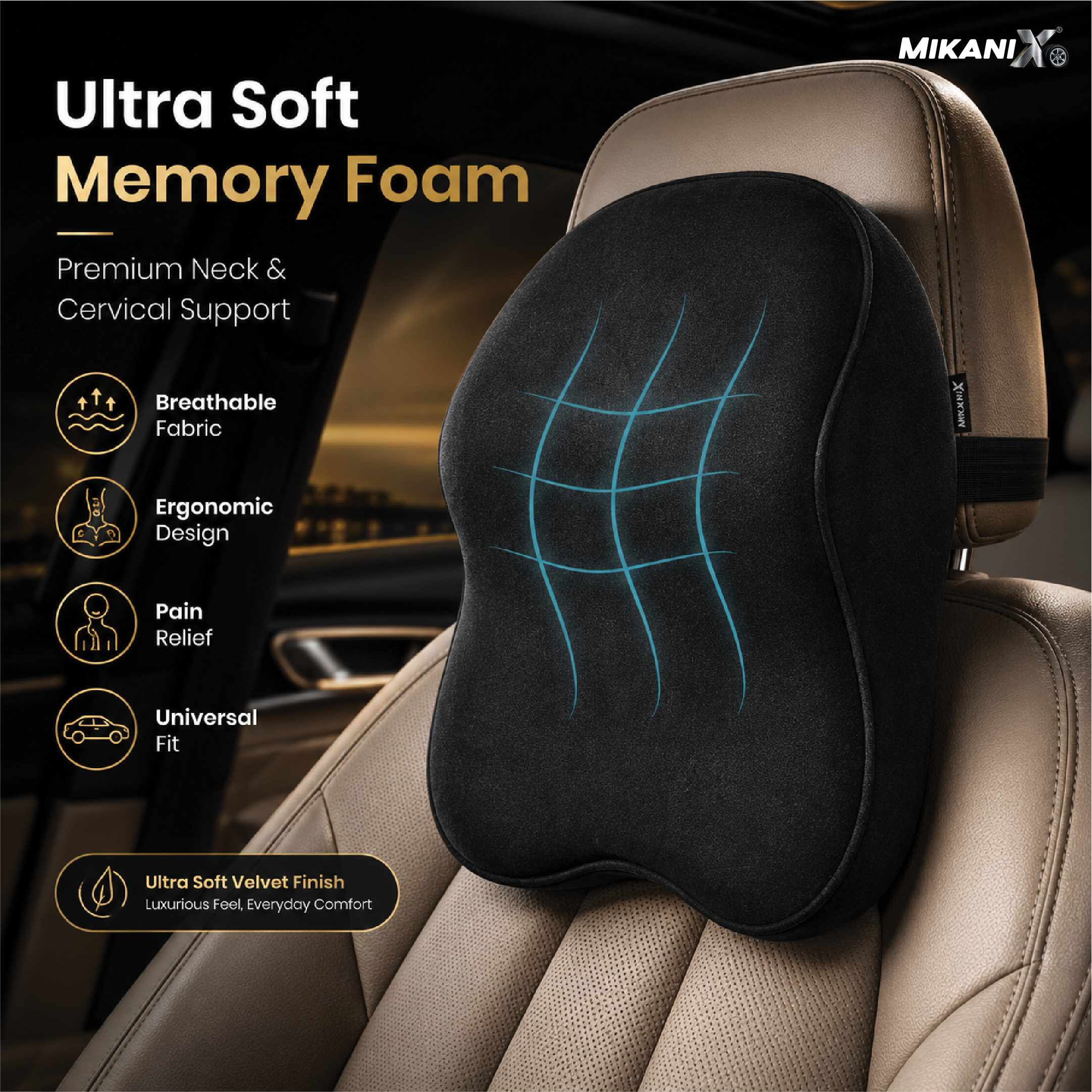 Mikanix Car Neck Rest Pillow | Seat Cushion | 2 Years Warranty | Ultra Soft Memory Foam for Neck and Cervical Support to Relief Neck Pain & Reduced Tension (Velvet Beige (Pack of 1))