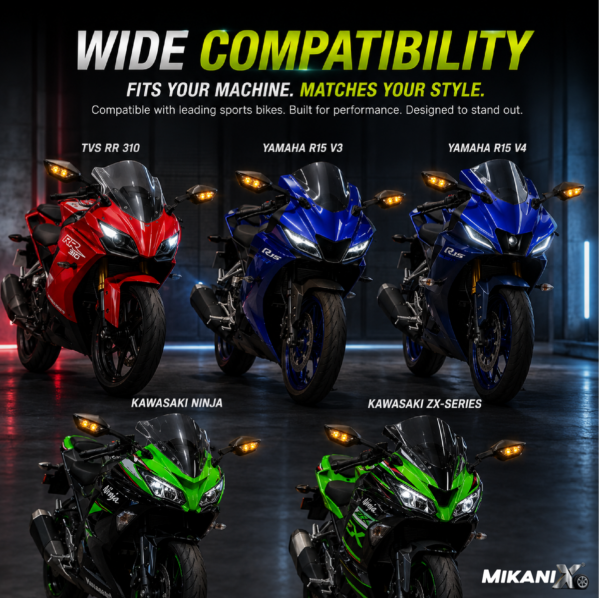 MIKANIX Universal Adjustable Rear View Side Mirror with Turn Signal Led Indicator for All Fairing Bikes