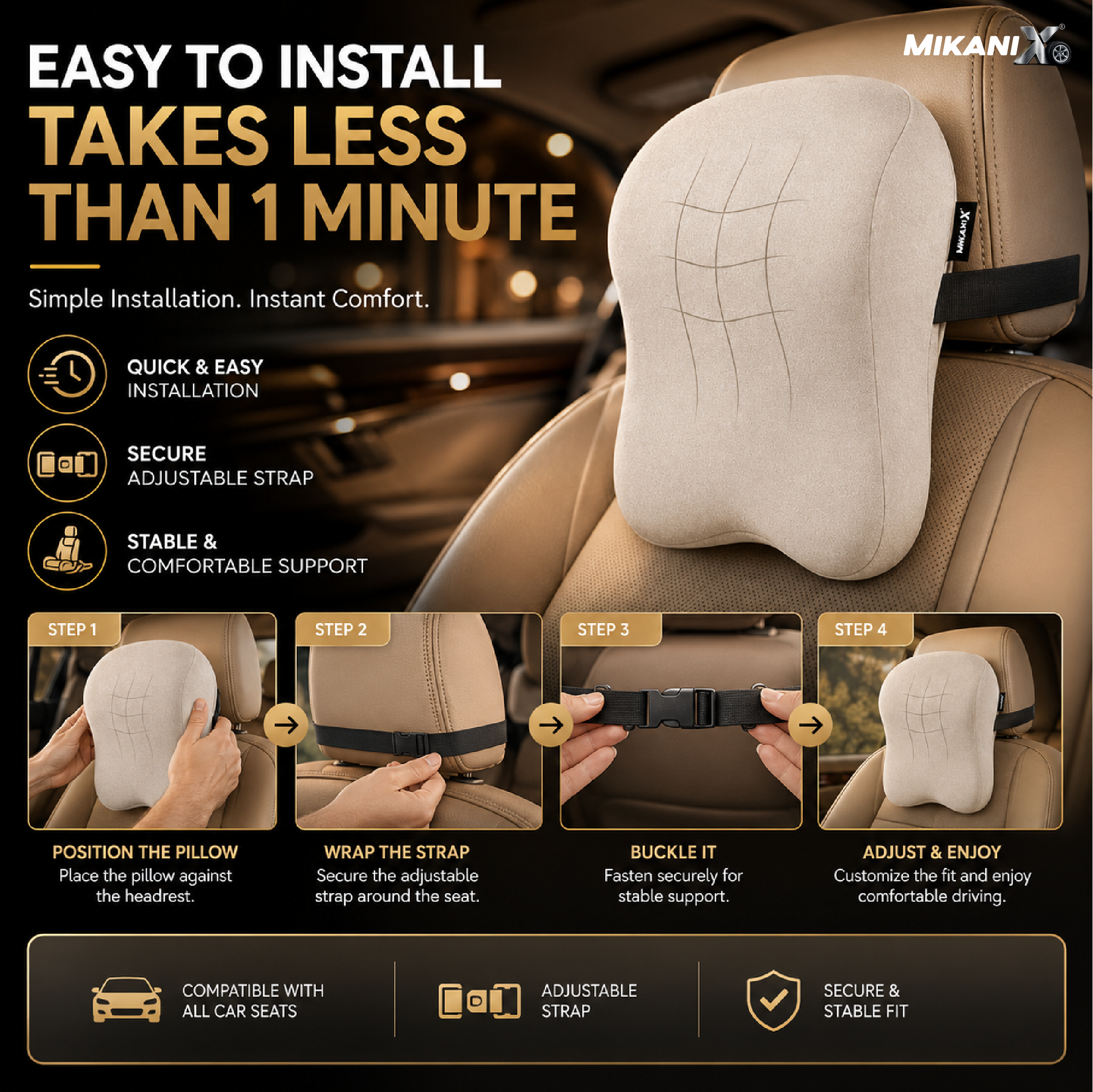Mikanix Car Neck Rest Pillow | Seat Cushion | 2 Years Warranty | Ultra Soft Memory Foam for Neck and Cervical Support to Relief Neck Pain & Reduced Tension (Velvet Beige (Pack of 1))