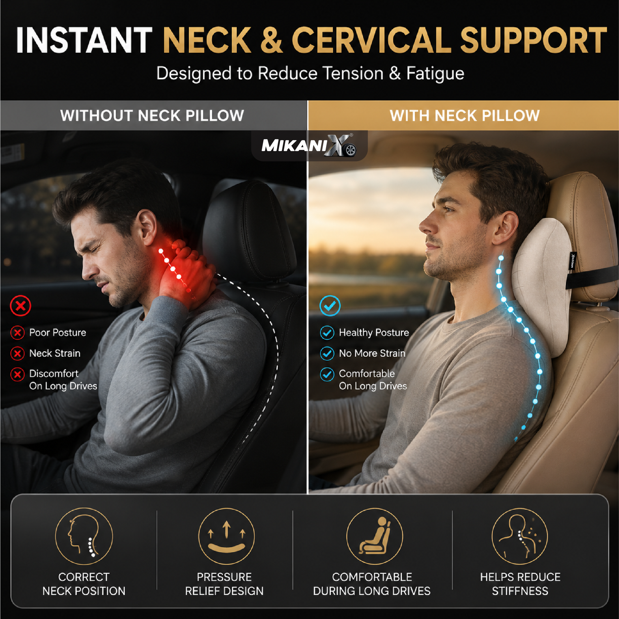 Mikanix Car Neck Rest Pillow | Seat Cushion | 2 Years Warranty | Ultra Soft Memory Foam for Neck and Cervical Support to Relief Neck Pain & Reduced Tension (Velvet Beige (Pack of 1))