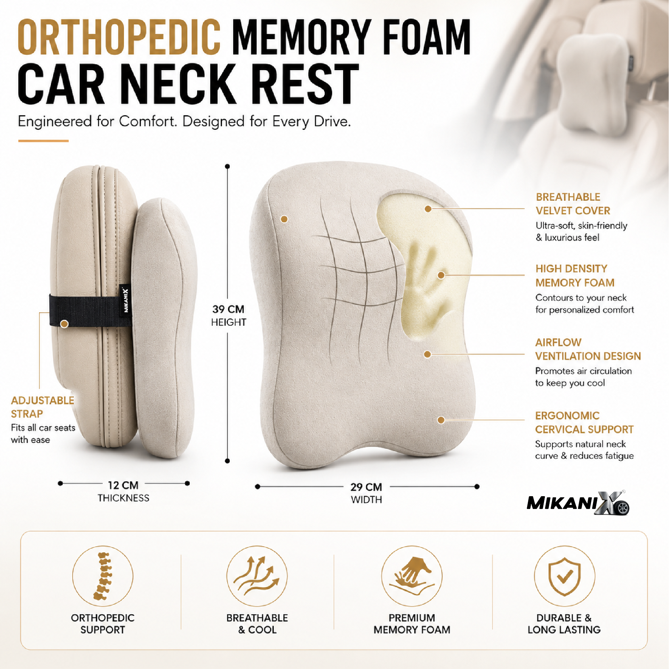 Mikanix Car Neck Rest Pillow | Seat Cushion | 2 Years Warranty | Ultra Soft Memory Foam for Neck and Cervical Support to Relief Neck Pain & Reduced Tension (Velvet Beige (Pack of 1))