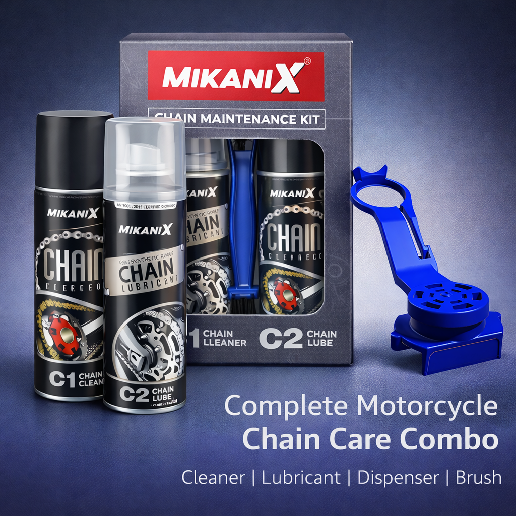 MIKANIX Combo Of Bike Chain Lubricant and Chain Cleaner Spray With Cleaning Brush | Chain Oiler Nozzle Dispenser | Clean | Shine Motorcycle and Bicycle Chain (Pack Of 4)
